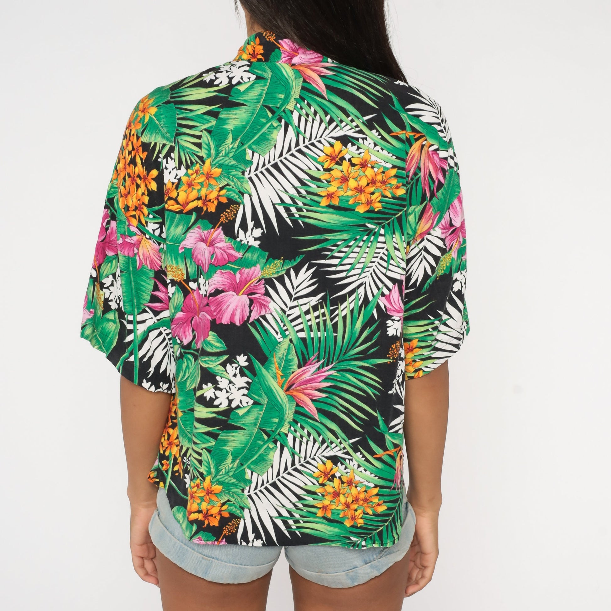 90s Tropical Floral Rayon Button-Up Shirt Green Botanical Short Sleeve Large L
