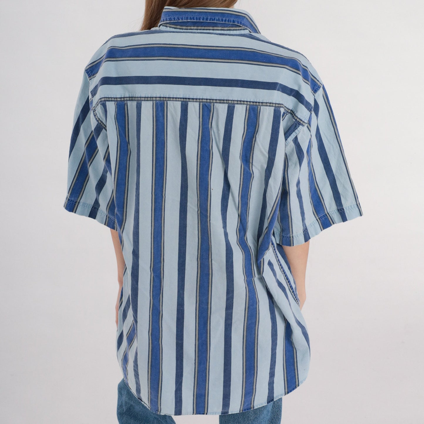 90s Sostanza Striped Cotton Button-Up Shirt Blue Collared Short Sleeve Large