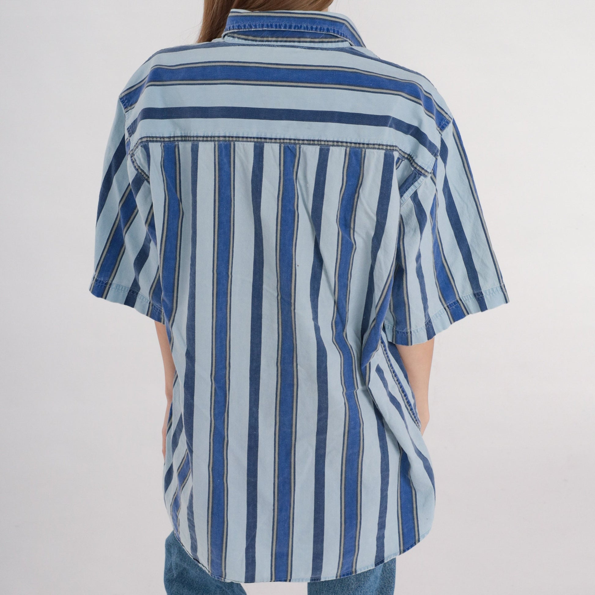 90s Sostanza Striped Cotton Button-Up Shirt Blue Collared Short Sleeve Large