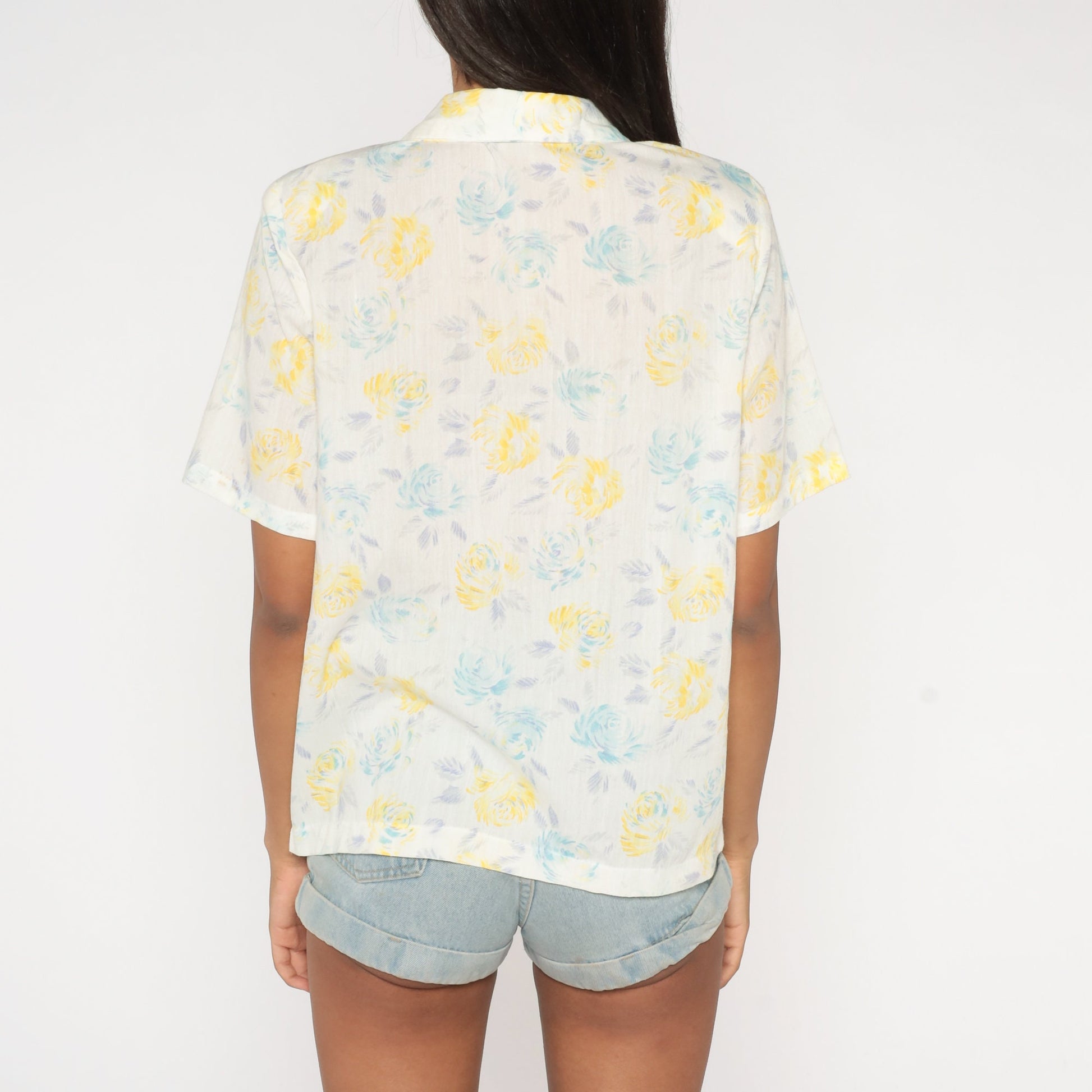 80s White Floral Deep V-Neck Blouse Button-Up Short Sleeve Large