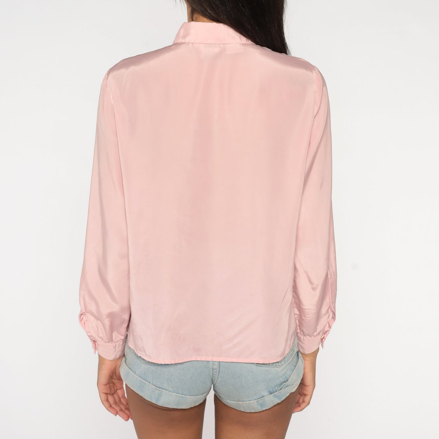 80s Leslie Fay Baby Pink Button-Up Blouse Long Sleeve Collared Medium
