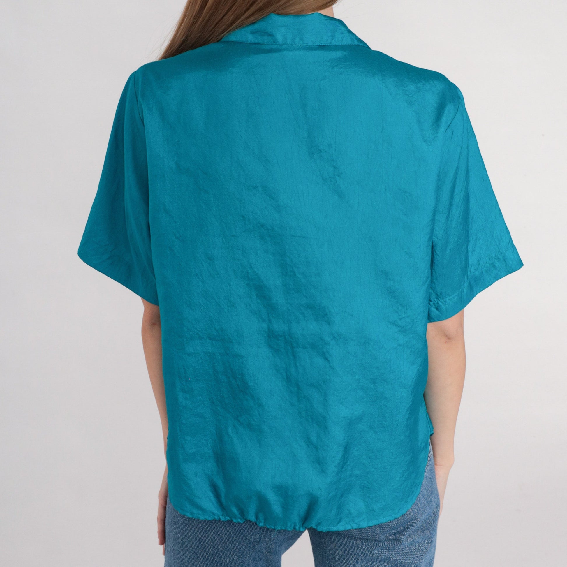 80s Blue Button-Up Shirt Short Sleeve Collared Blouse Chest Pocket Medium