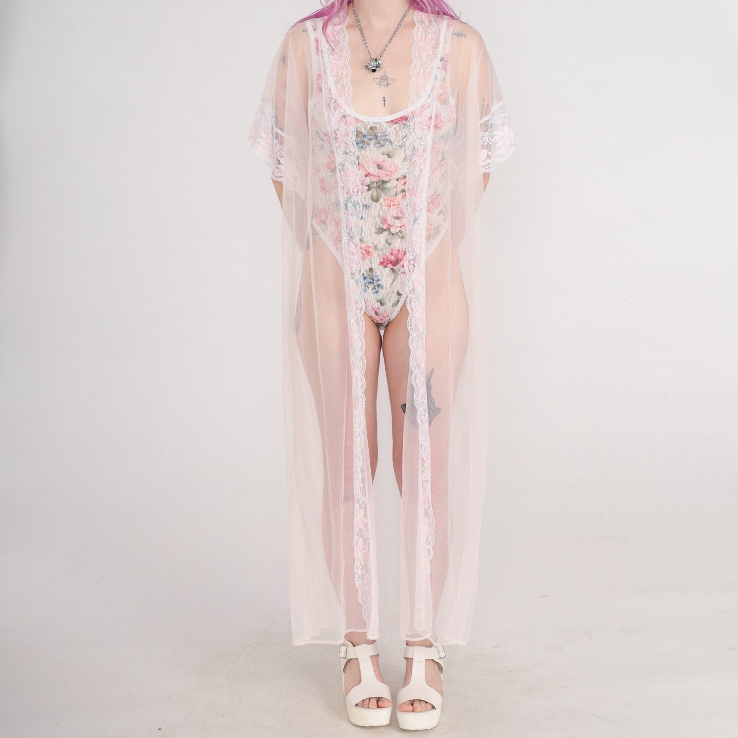 70s Baby Pink Sheer Nylon Maxi Robe Lace Trim Open Front Large L