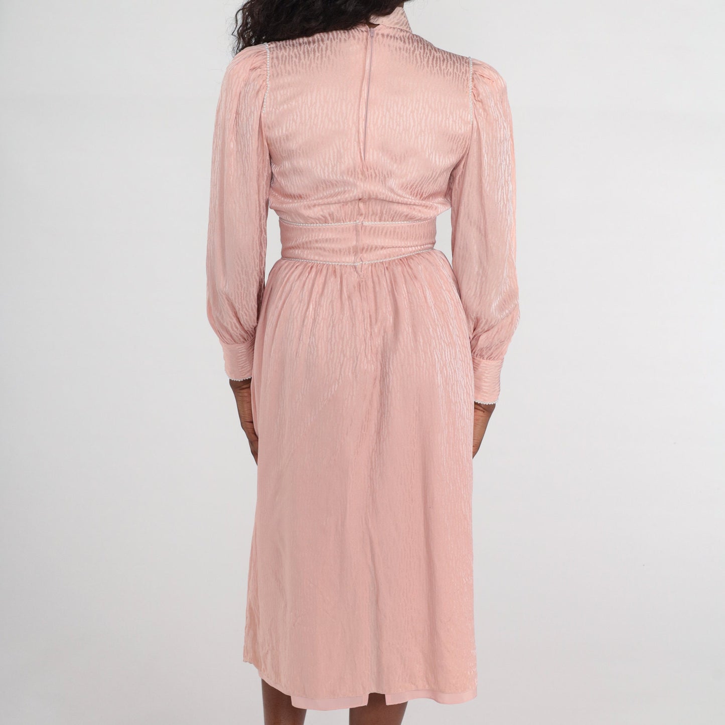 80s Diane Dickenson Saks Fifth Ave Baby Pink Midi Dress Puff Sleeve Small