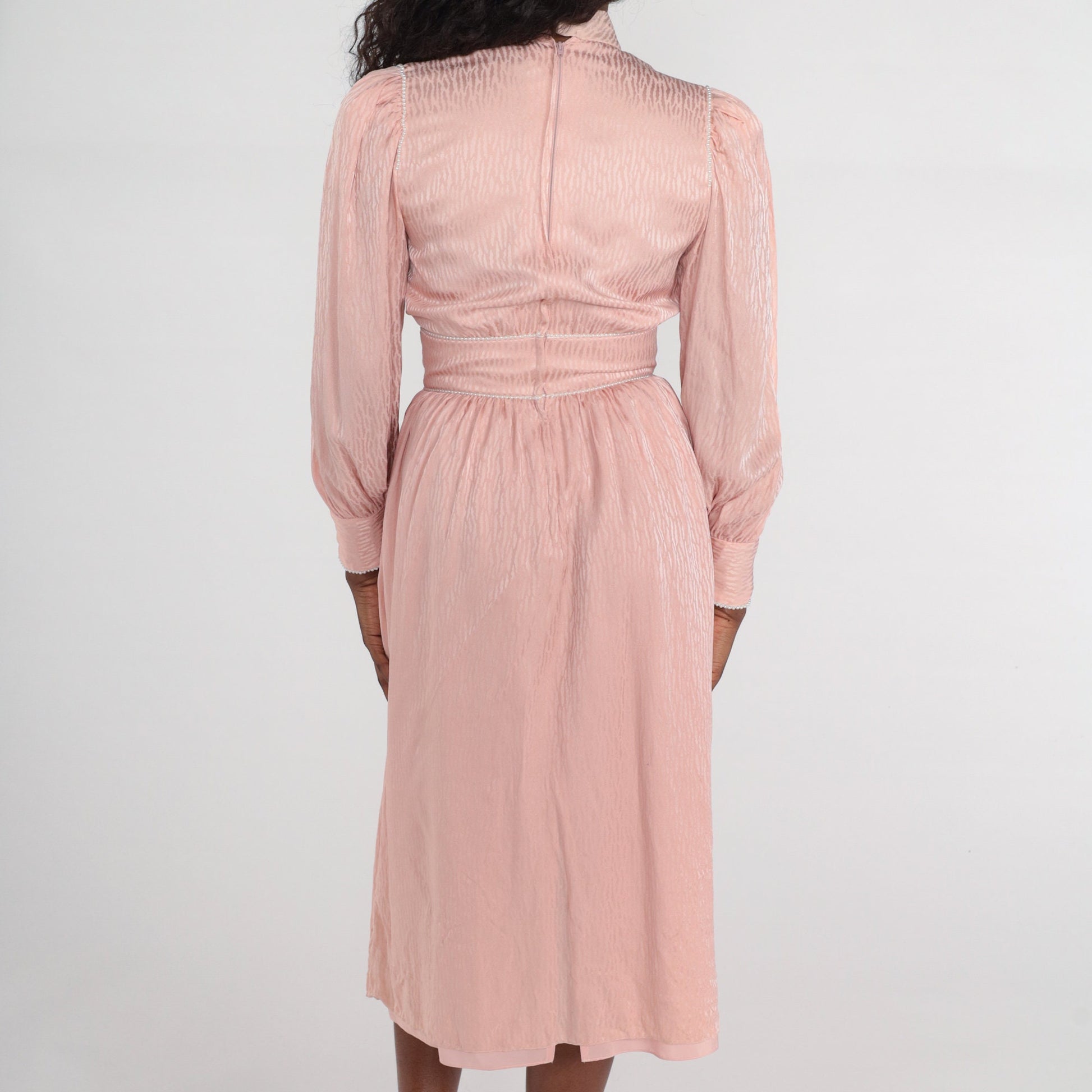 80s Diane Dickenson Saks Fifth Ave Baby Pink Midi Dress Puff Sleeve Small