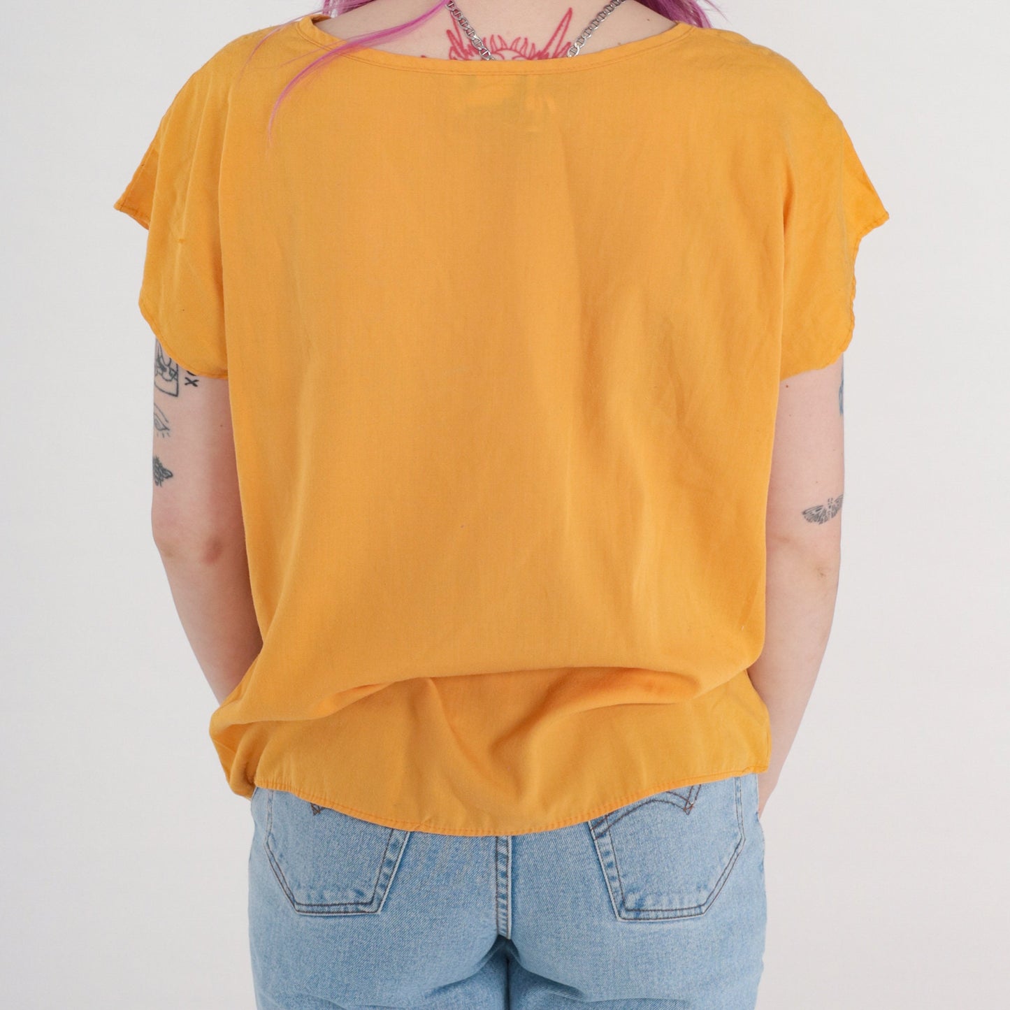 90s Mustard Yellow Cap Sleeve Blouse Pocket Top Medium