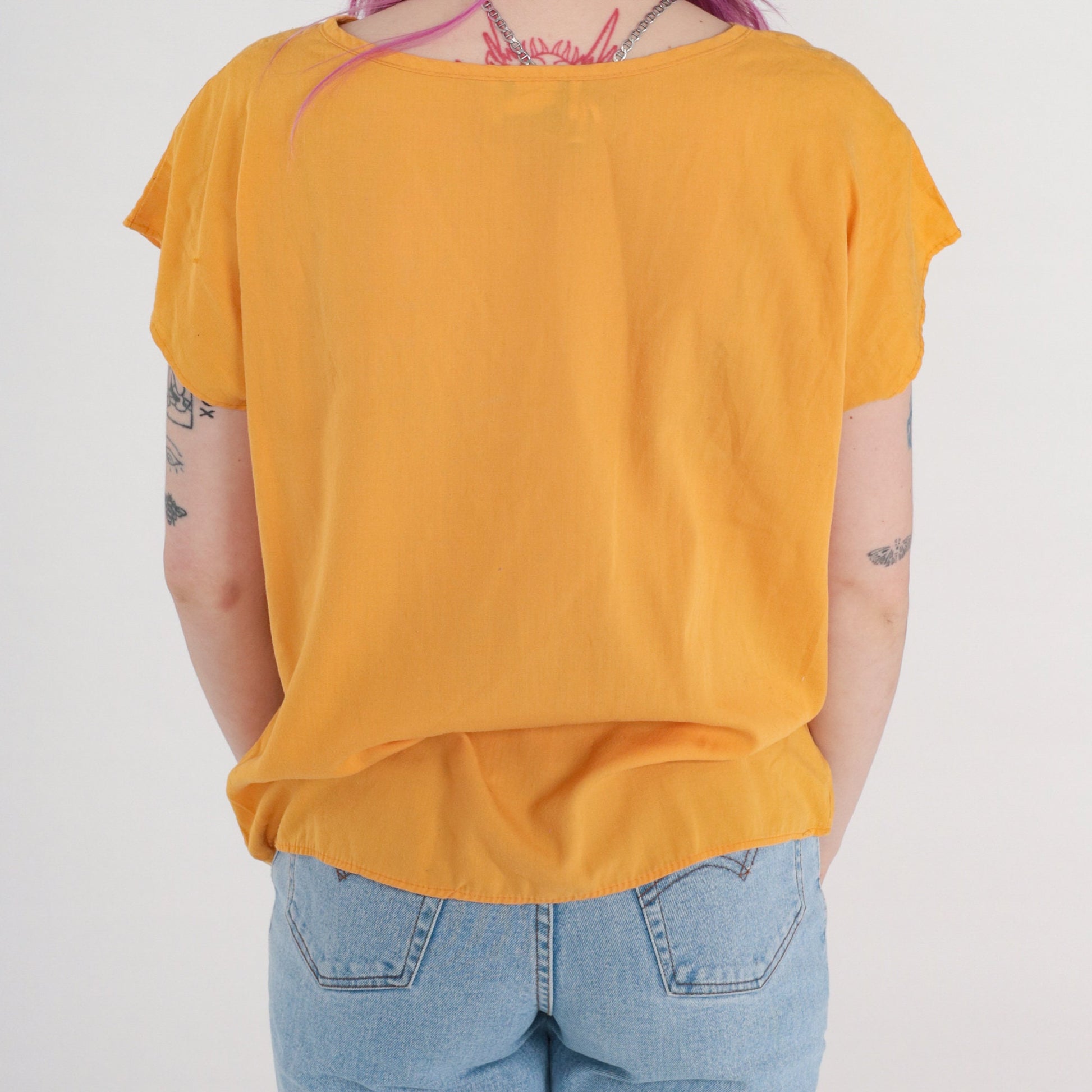 90s Mustard Yellow Cap Sleeve Blouse Pocket Top Medium