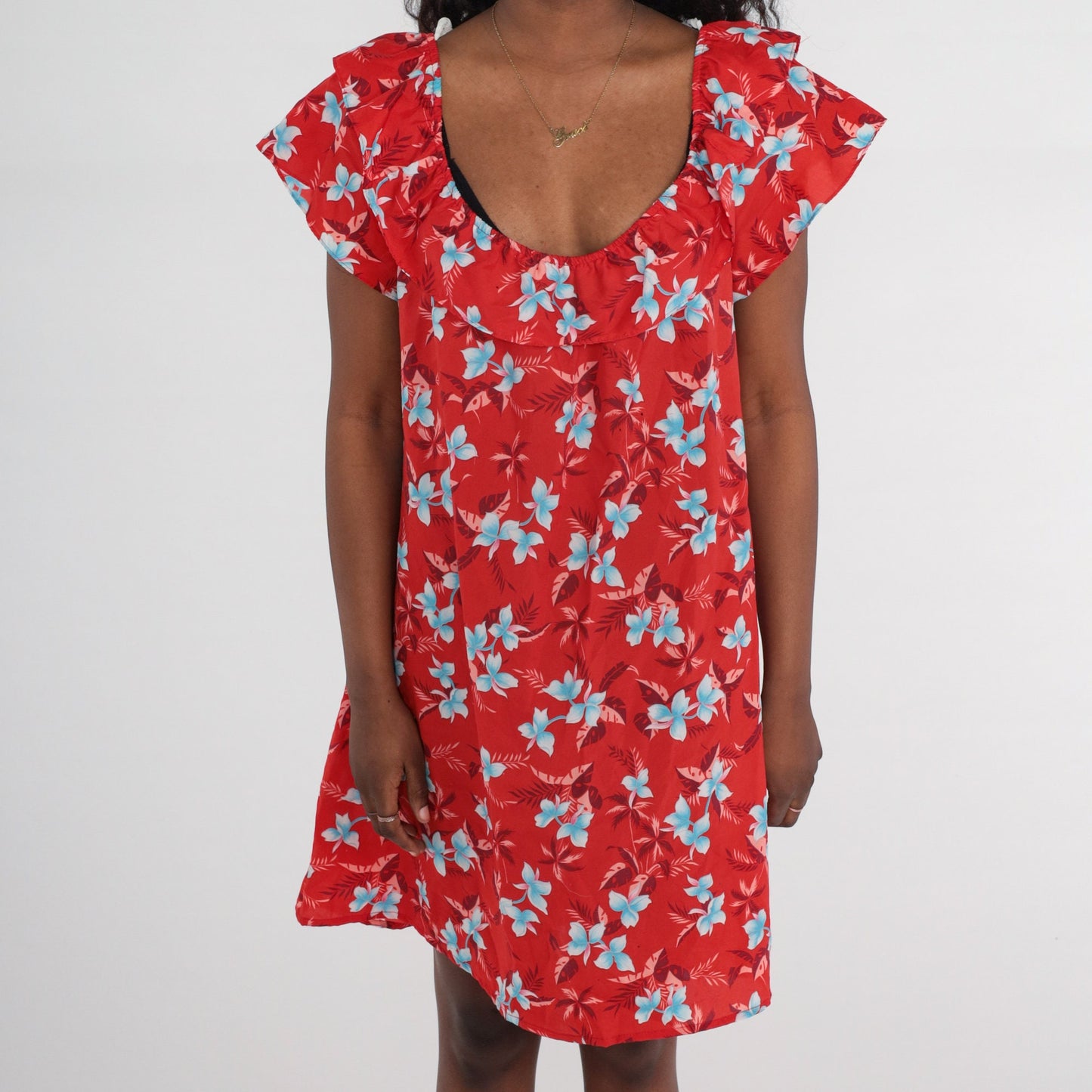 80s Hawaiian Floral Mini Dress Red Shift Short Sleeve Large