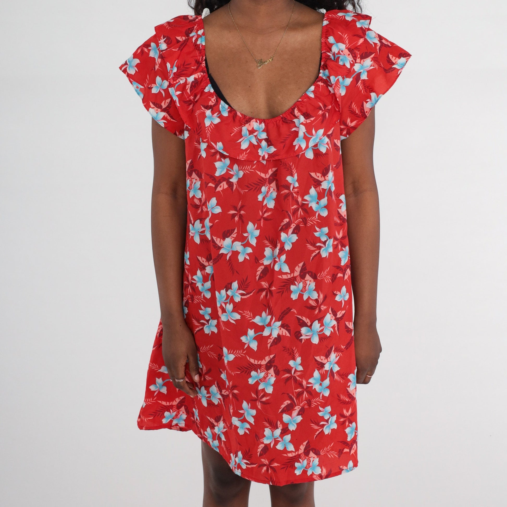 80s Hawaiian Floral Mini Dress Red Shift Short Sleeve Large