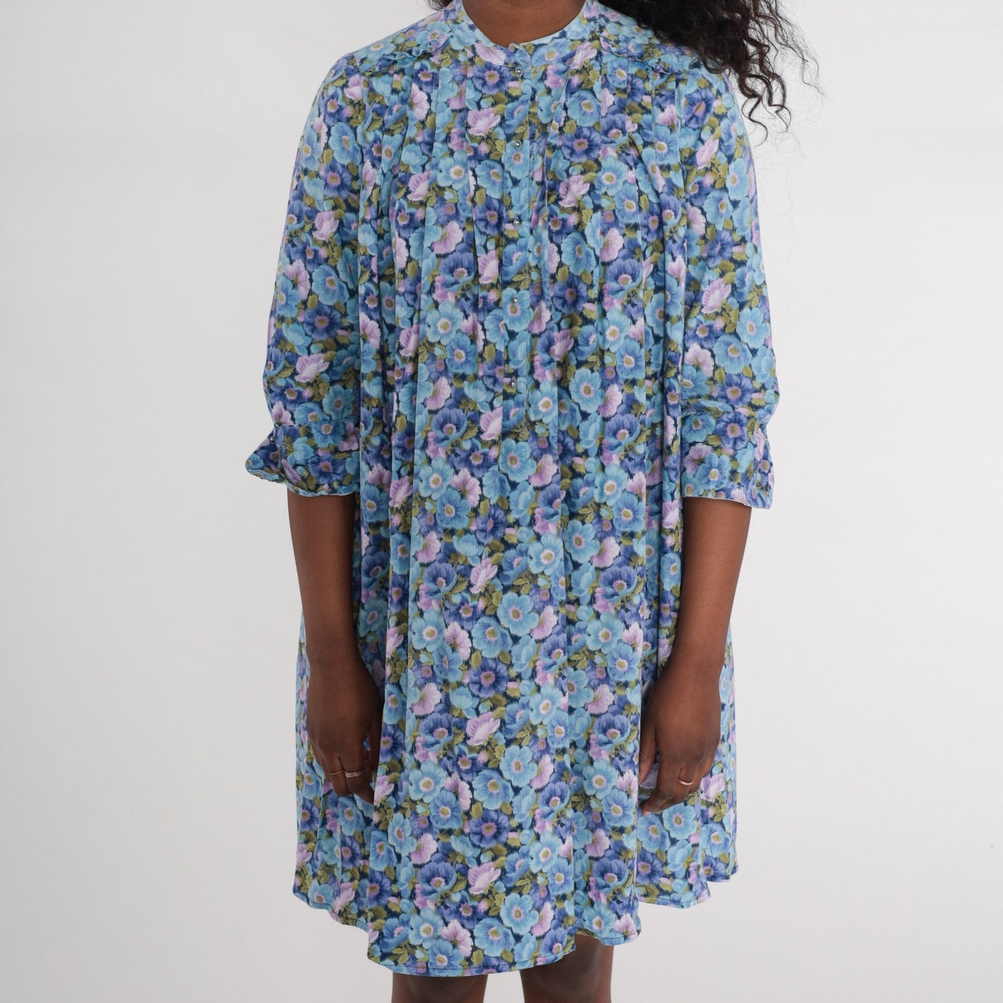 80s Floral Tent Dress Blue Purple Button Up 3/4 Sleeve Mini Small