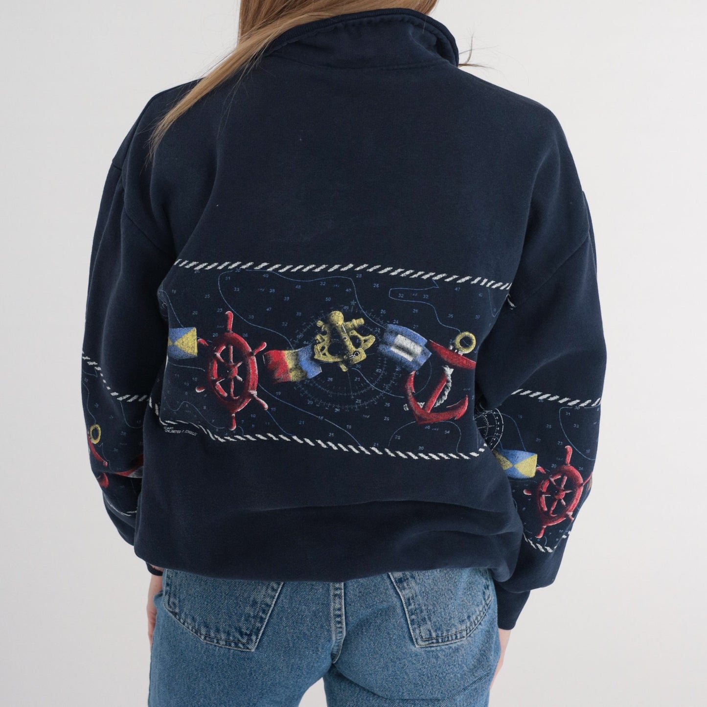 90s John Wayne Marina Celestial Quarter Zip Sweatshirt Navy Blue Medium M