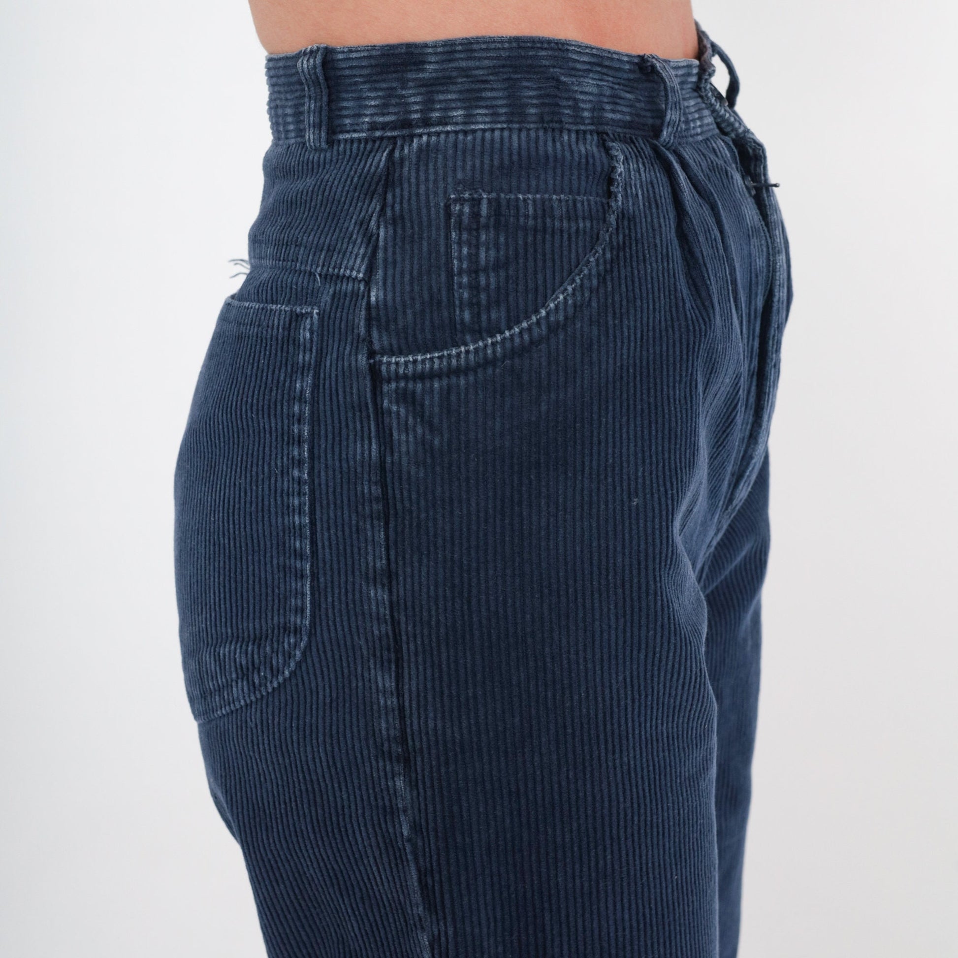 80s Navy Corduroy Pants High Waist Tapered Pleated Trousers XXS