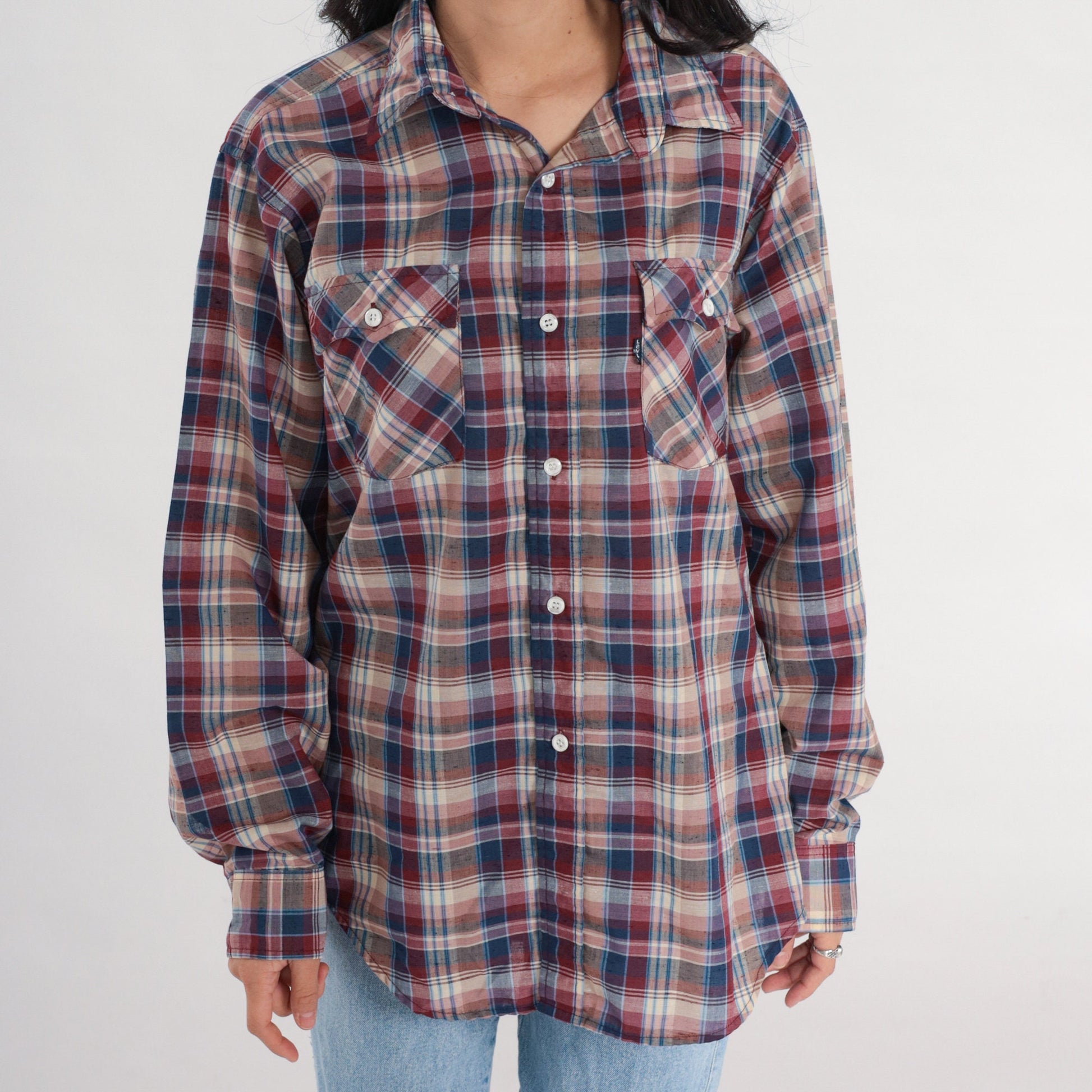 80s Levi's Plaid Button-Up Shirt Long Sleeve Red Blue Tan Large L