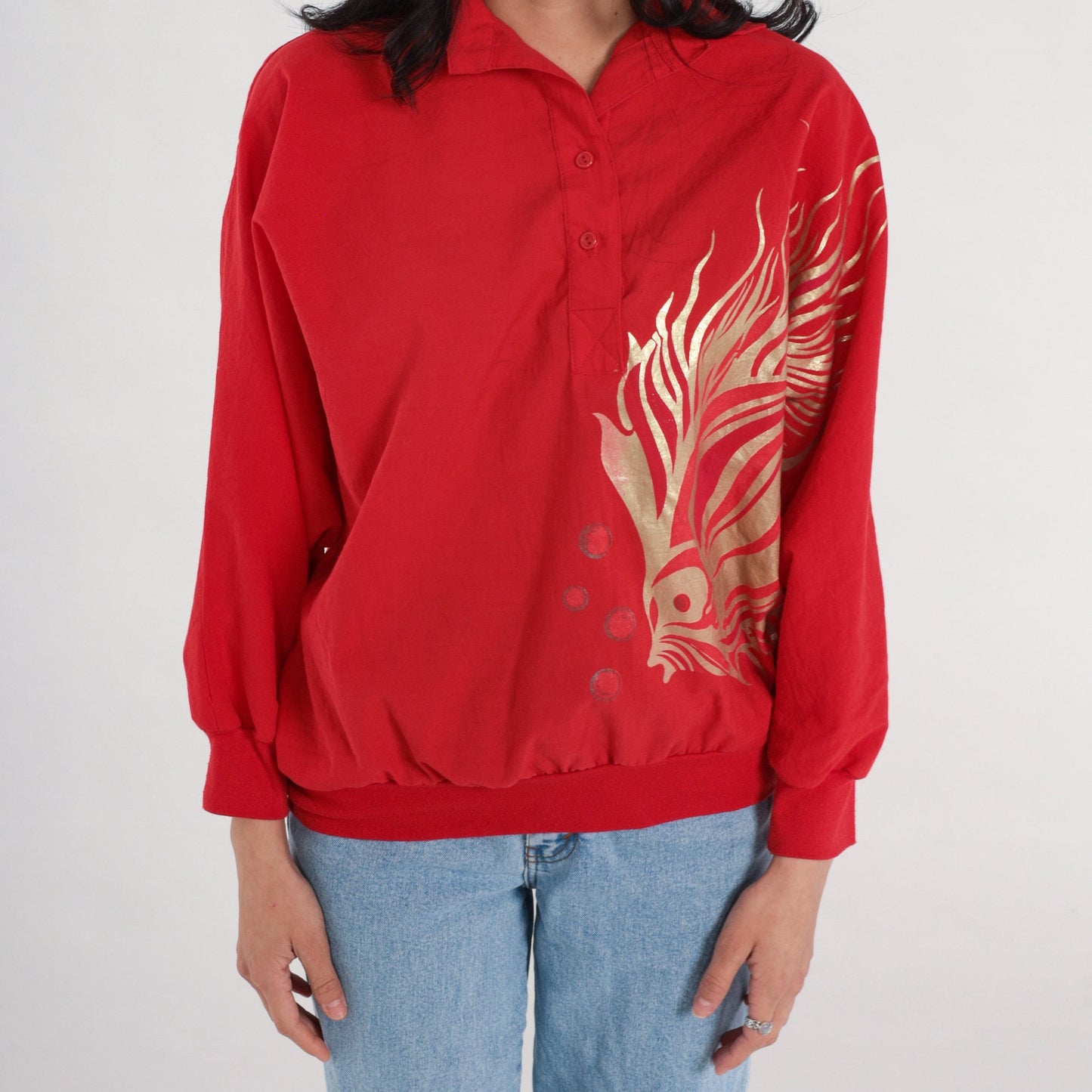 90s Red Fish Metallic Gold Graphic Collared Blouse Long Sleeve Medium M