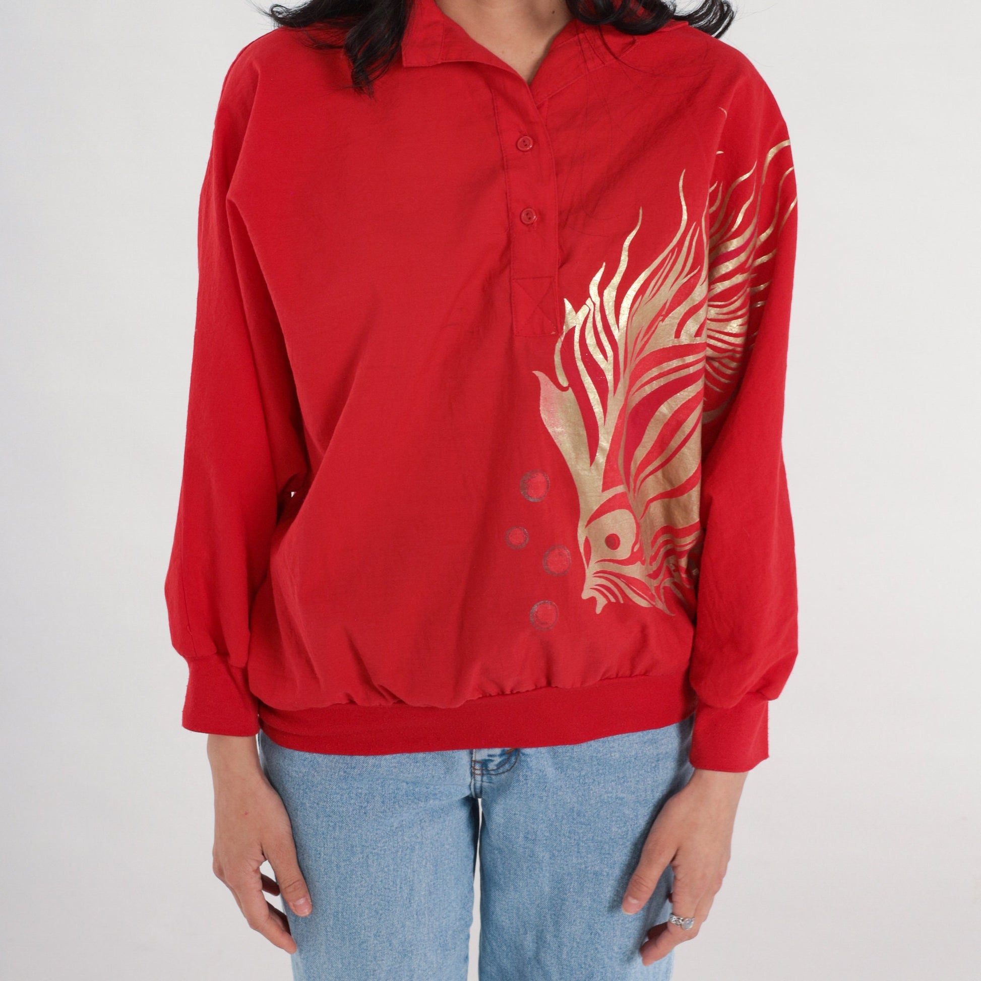90s Red Fish Metallic Gold Graphic Collared Blouse Long Sleeve Medium M