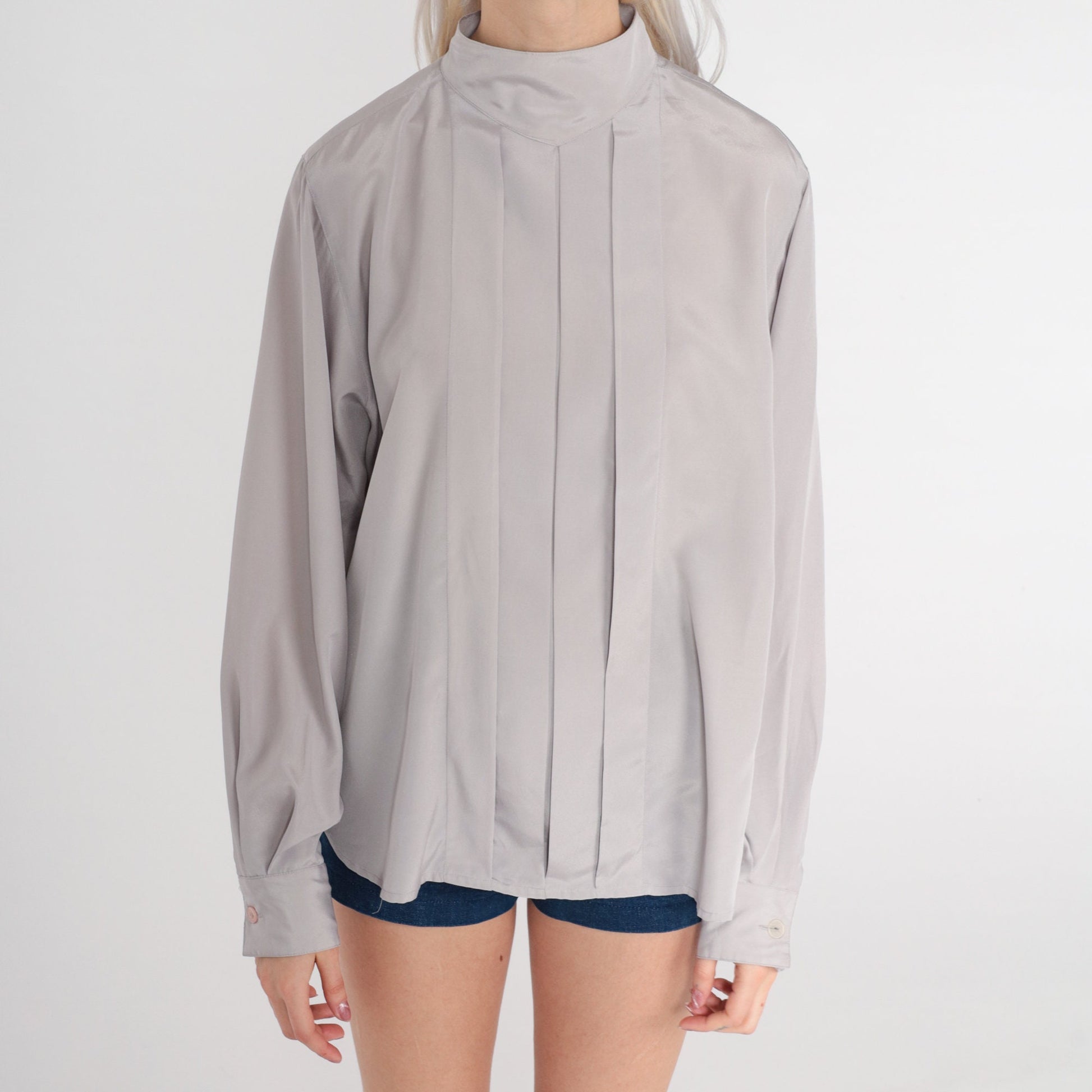 80s Christian Dior Mock Neck Blouse Grey Pleated Long Sleeve Medium 10