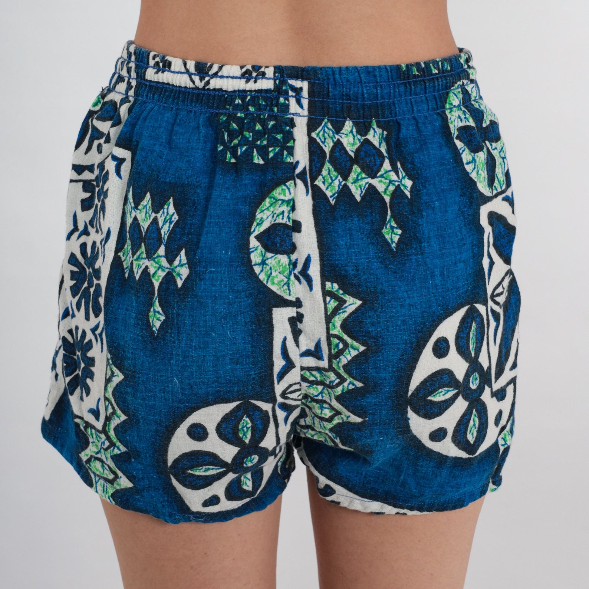 90s Hawaiian Floral Board Shorts Blue Geometric Print Swim Trunks Small