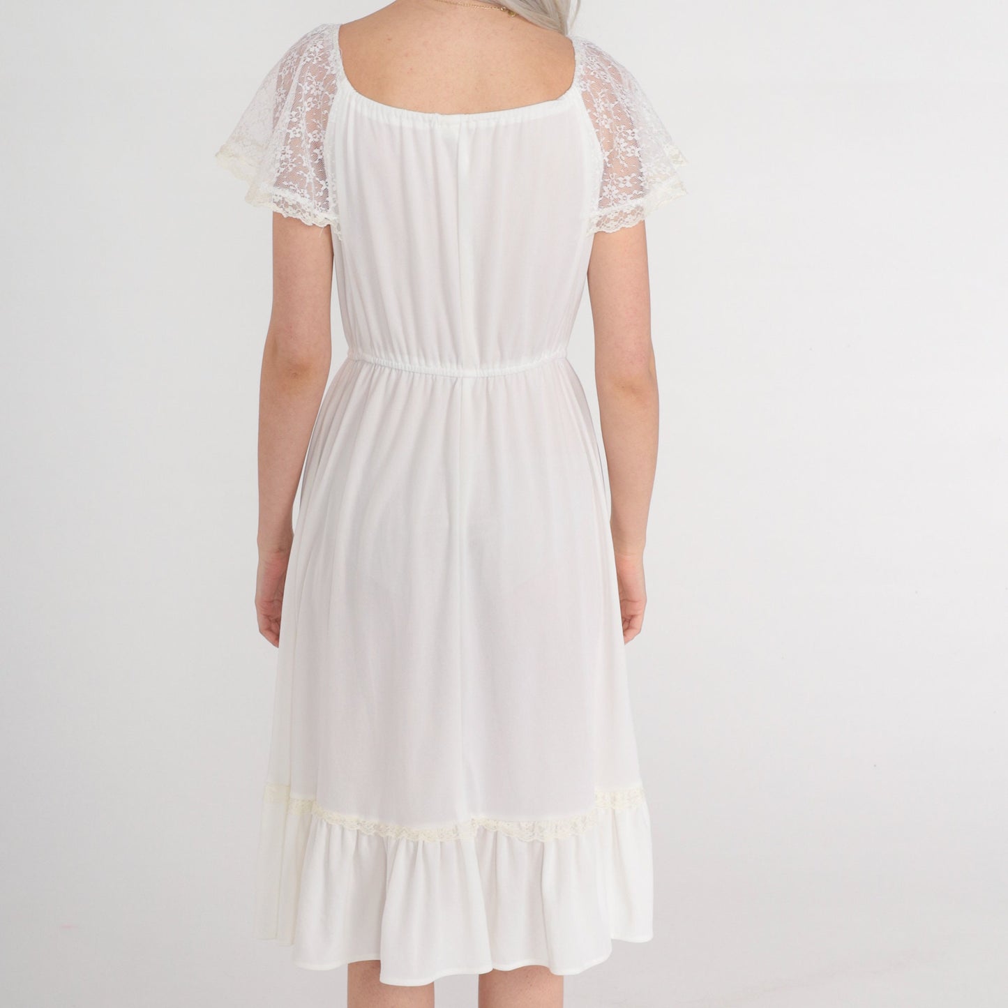 70s White Lace Flutter Sleeve Midi Dress High Waist Elastic Neckline Small Medium