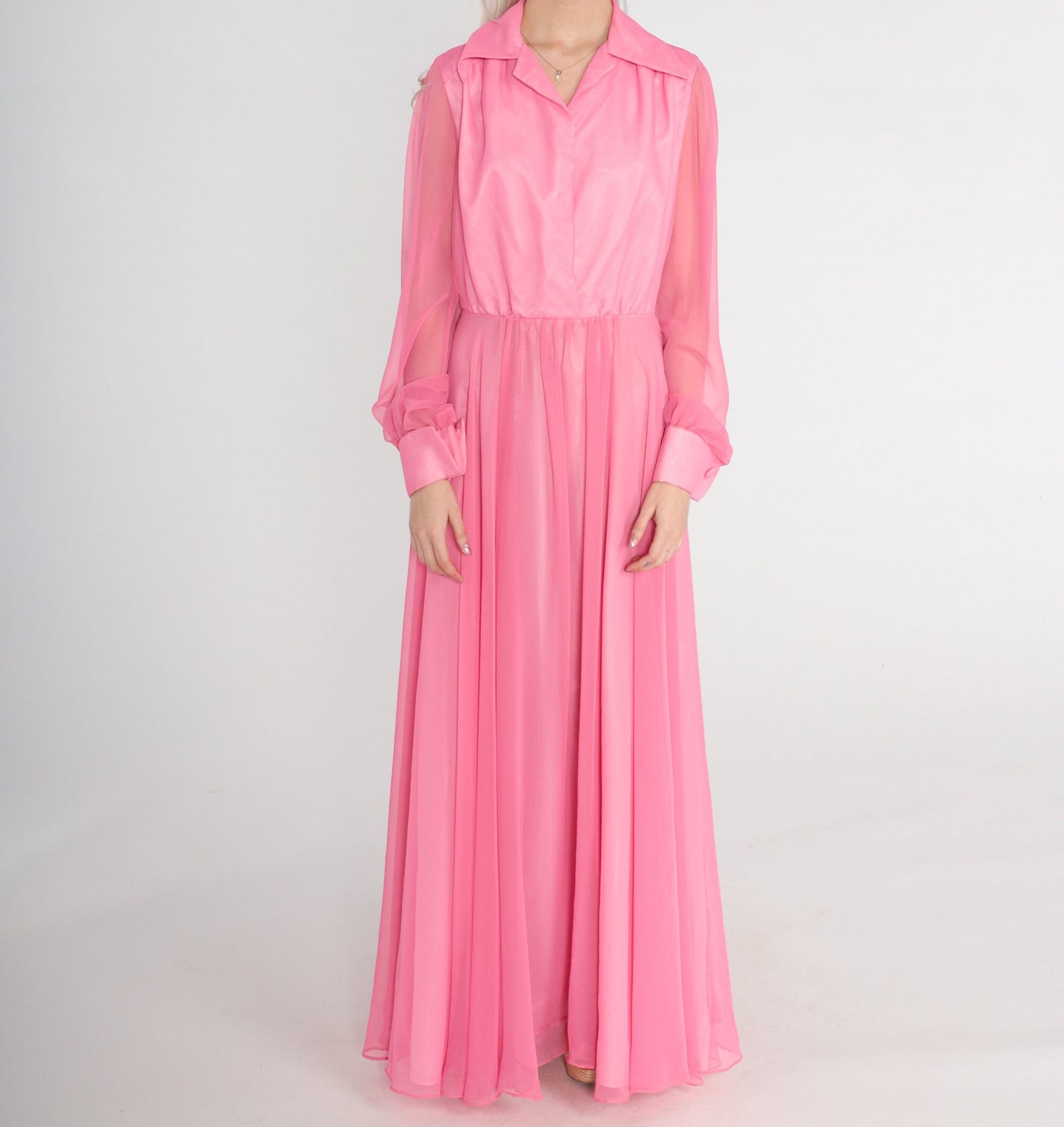 1970s Pink Chiffon Maxi Dress High Waist Button Front Long Sleeve Small