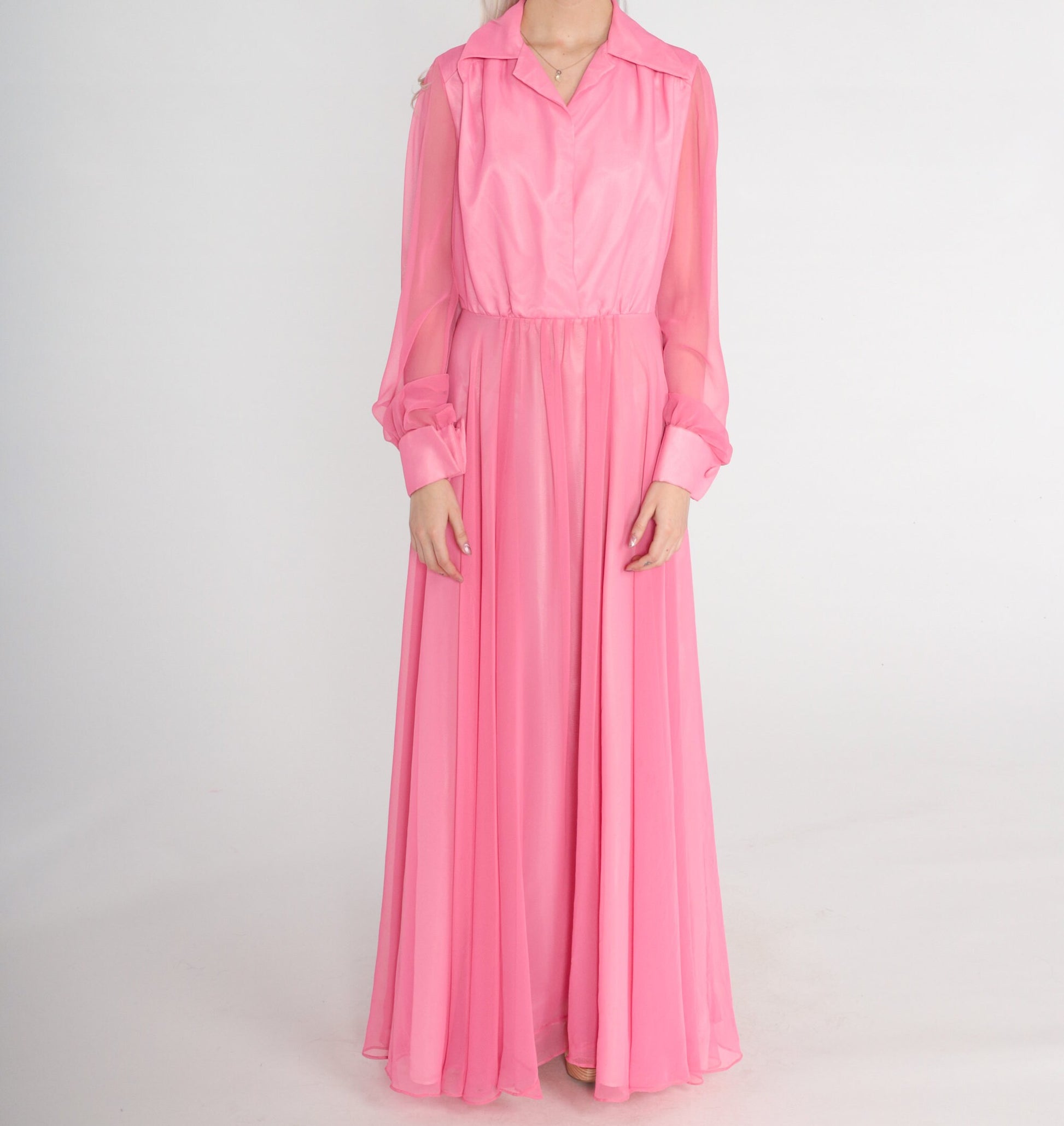 1970s Pink Chiffon Maxi Dress High Waist Button Front Long Sleeve Small
