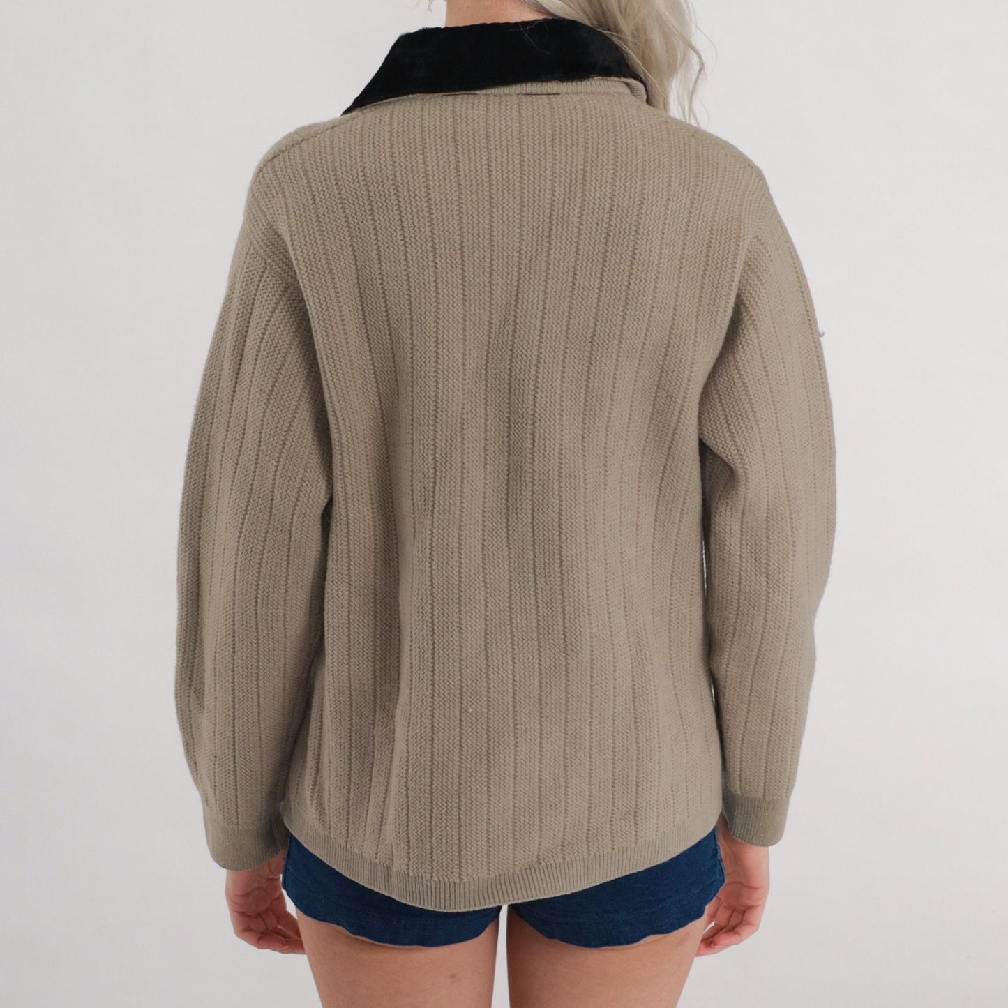 60s Taupe Wool Cardigan Leather Trim Shawl Collar Ribbed Knit Medium
