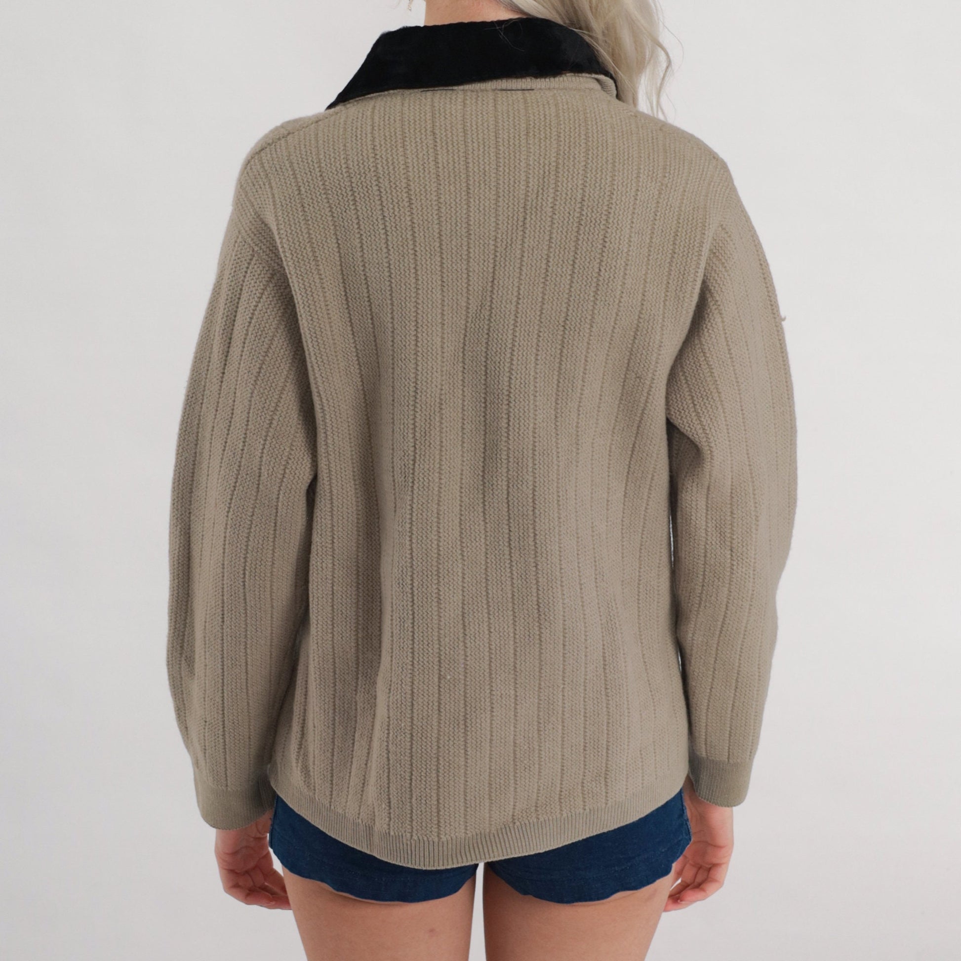 60s Taupe Wool Cardigan Leather Trim Shawl Collar Ribbed Knit Medium