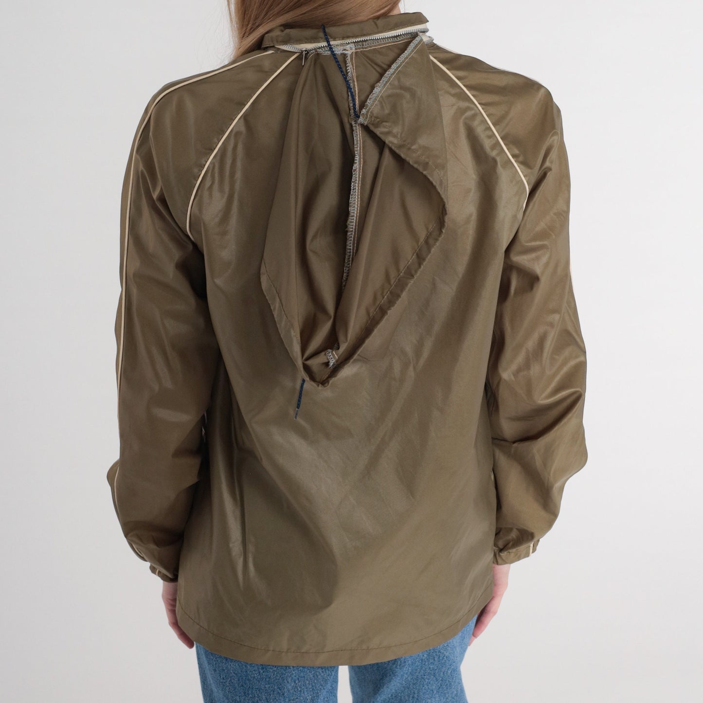 70s Olive Brown Nylon Windbreaker Jacket Zip Hood Large L
