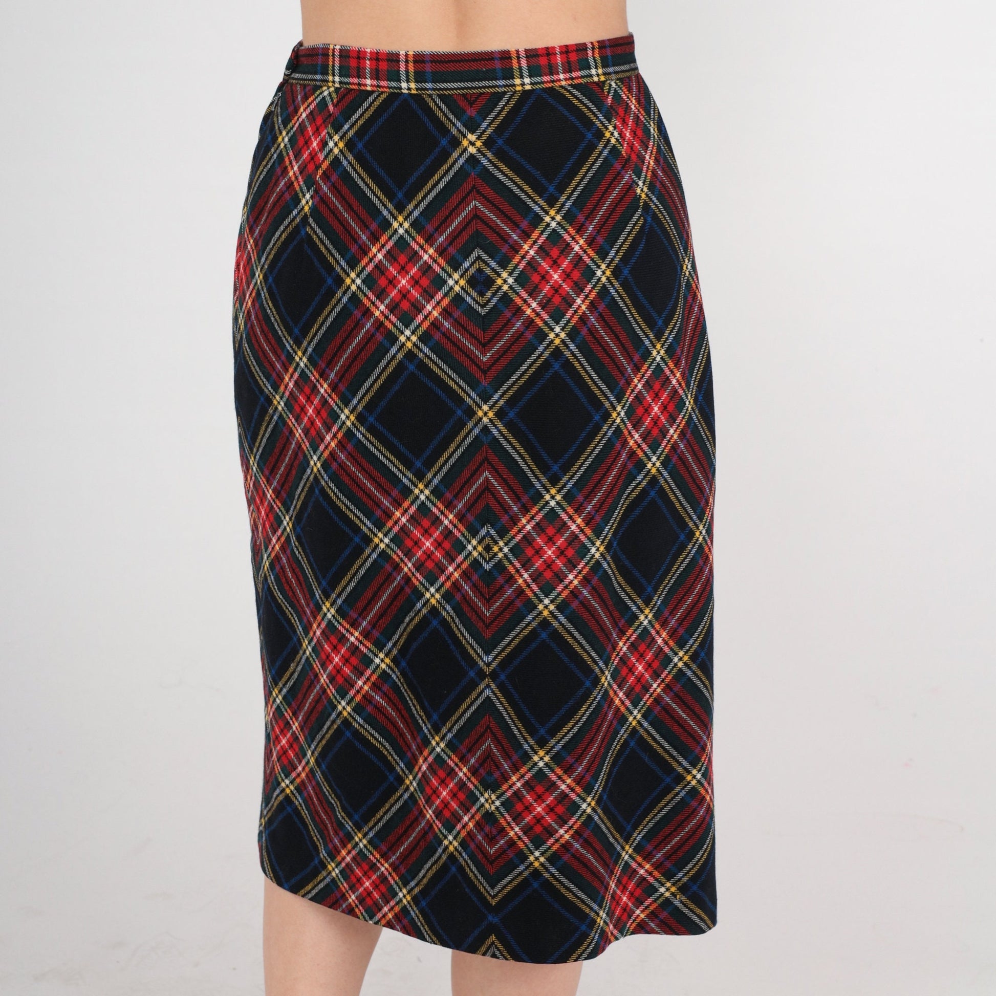 70s Wool Plaid Midi Skirt High Waist Black Red Tartan Small S