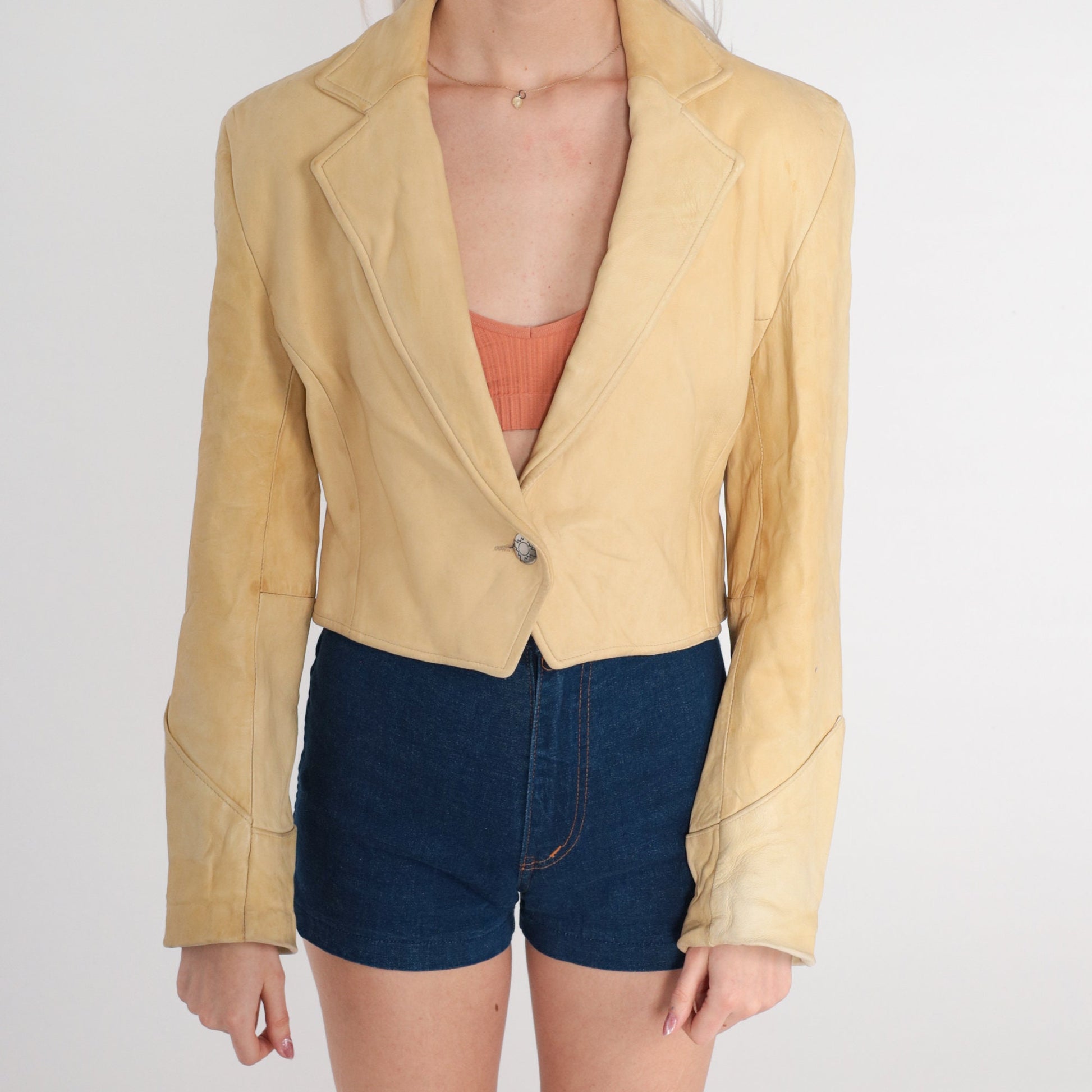 80s Pioneer Wear Leather Blazer Cropped Deep V Neck Sand Yellow Extra Small