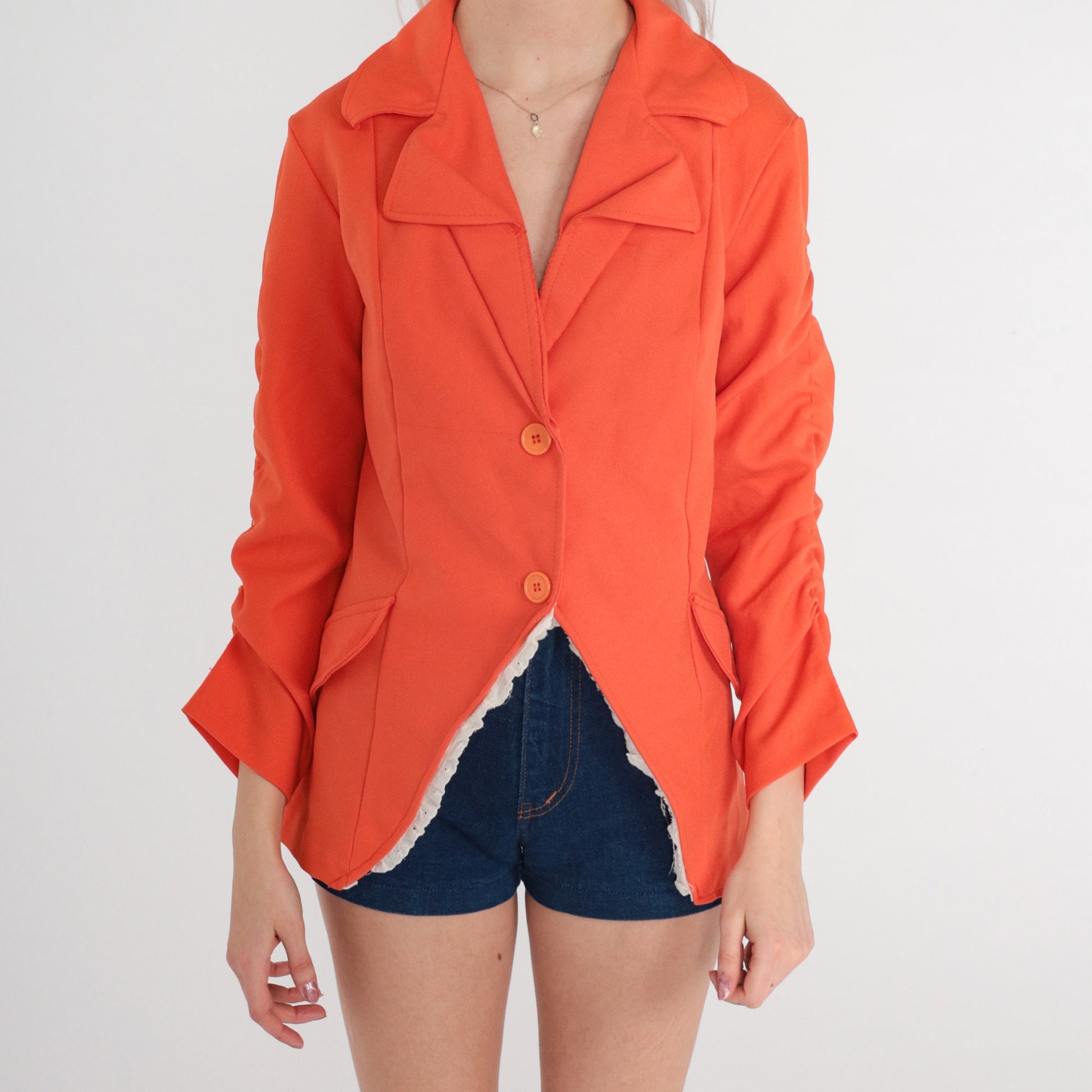 70s Orange Blazer Notched Collar Ruched Sleeves Eyelet Lace Extra Small