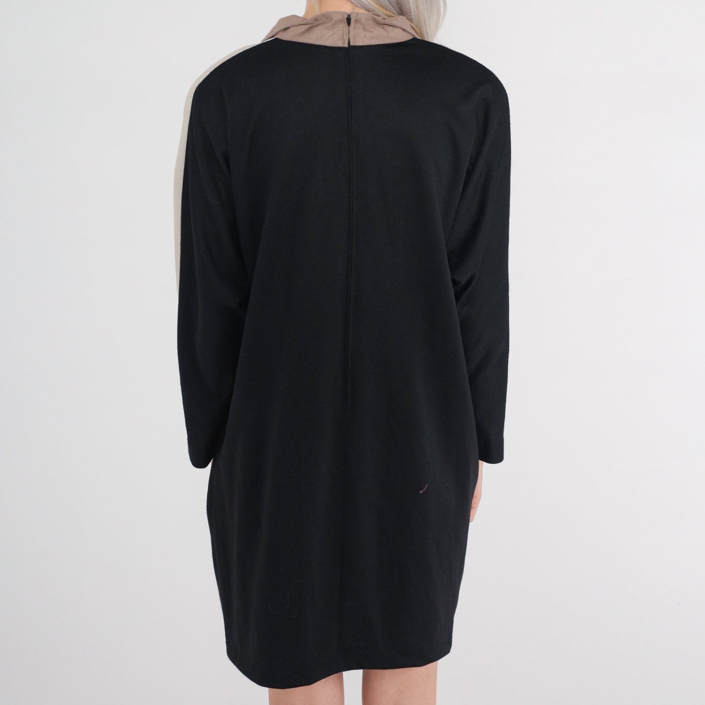 70s Shift Dress Faux Suede Leaf Print Colour Block Mini Black Beige Large
