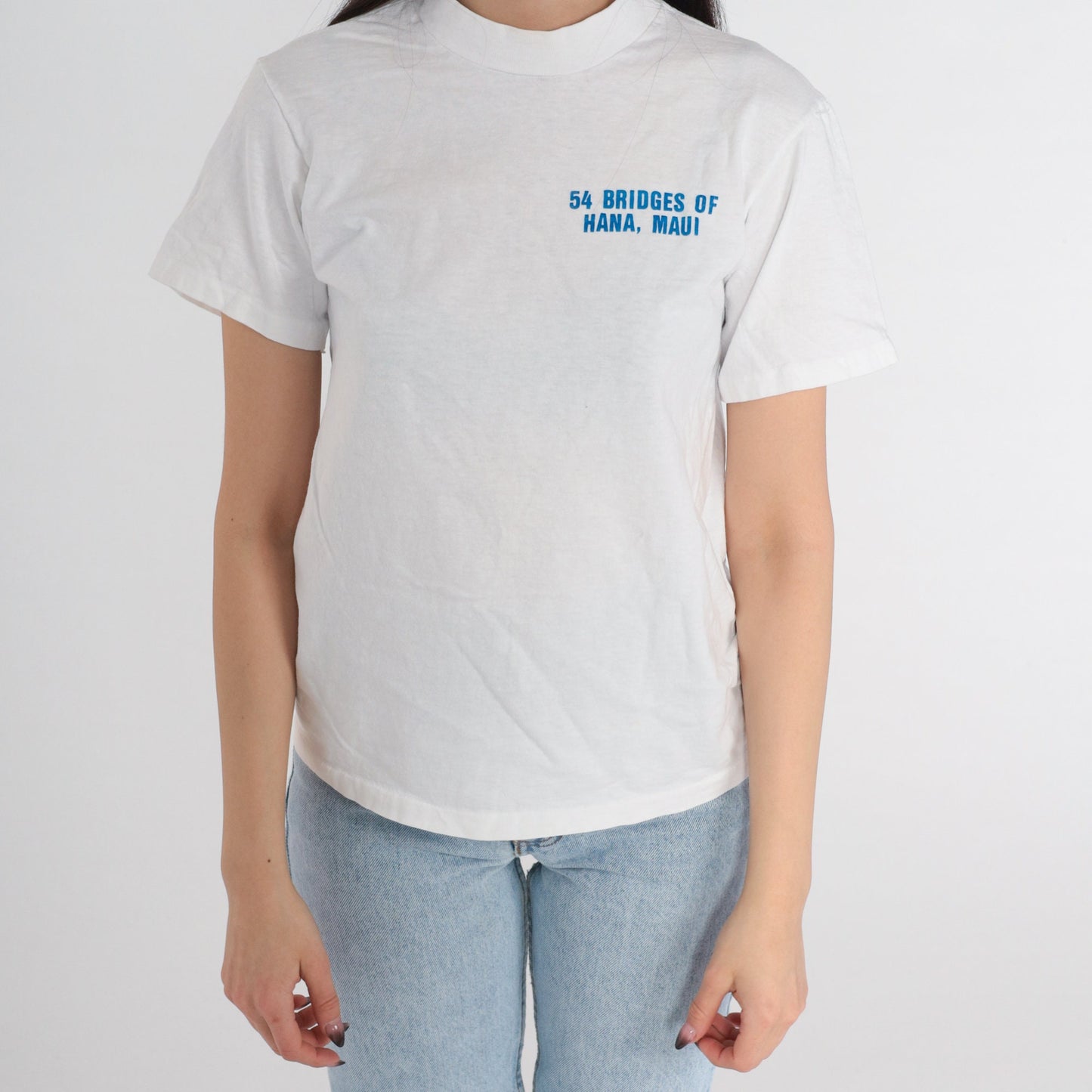 90s Maui 54 Bridges of Hana Graphic T-Shirt White Cotton Single Stitch Small