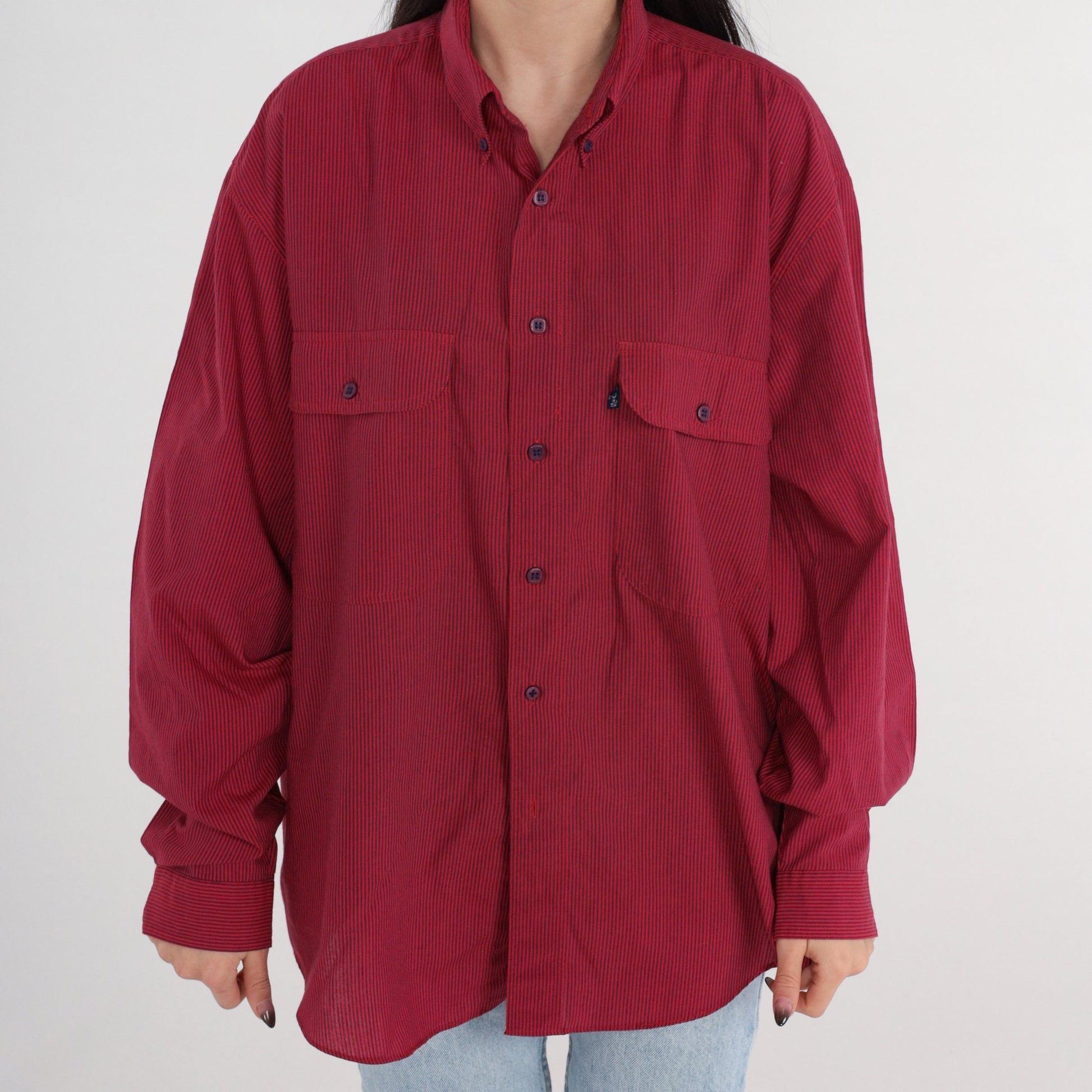 80s Levi's Railroad Stripe Button-Up Shirt Red Navy Long Sleeve Large
