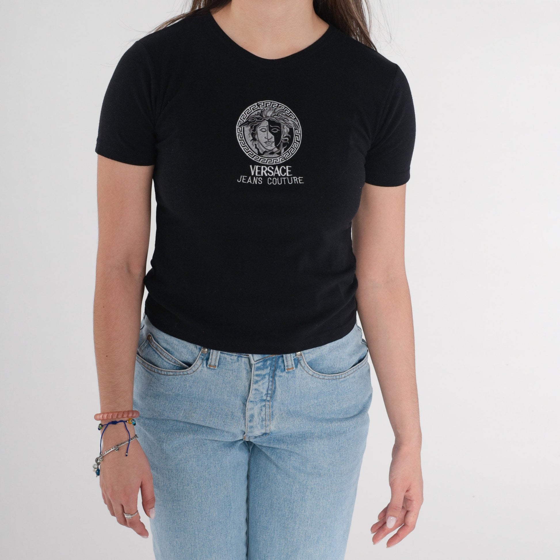 90s Versace Jeans Couture Embroidered Logo T-Shirt Black Extra Small XS