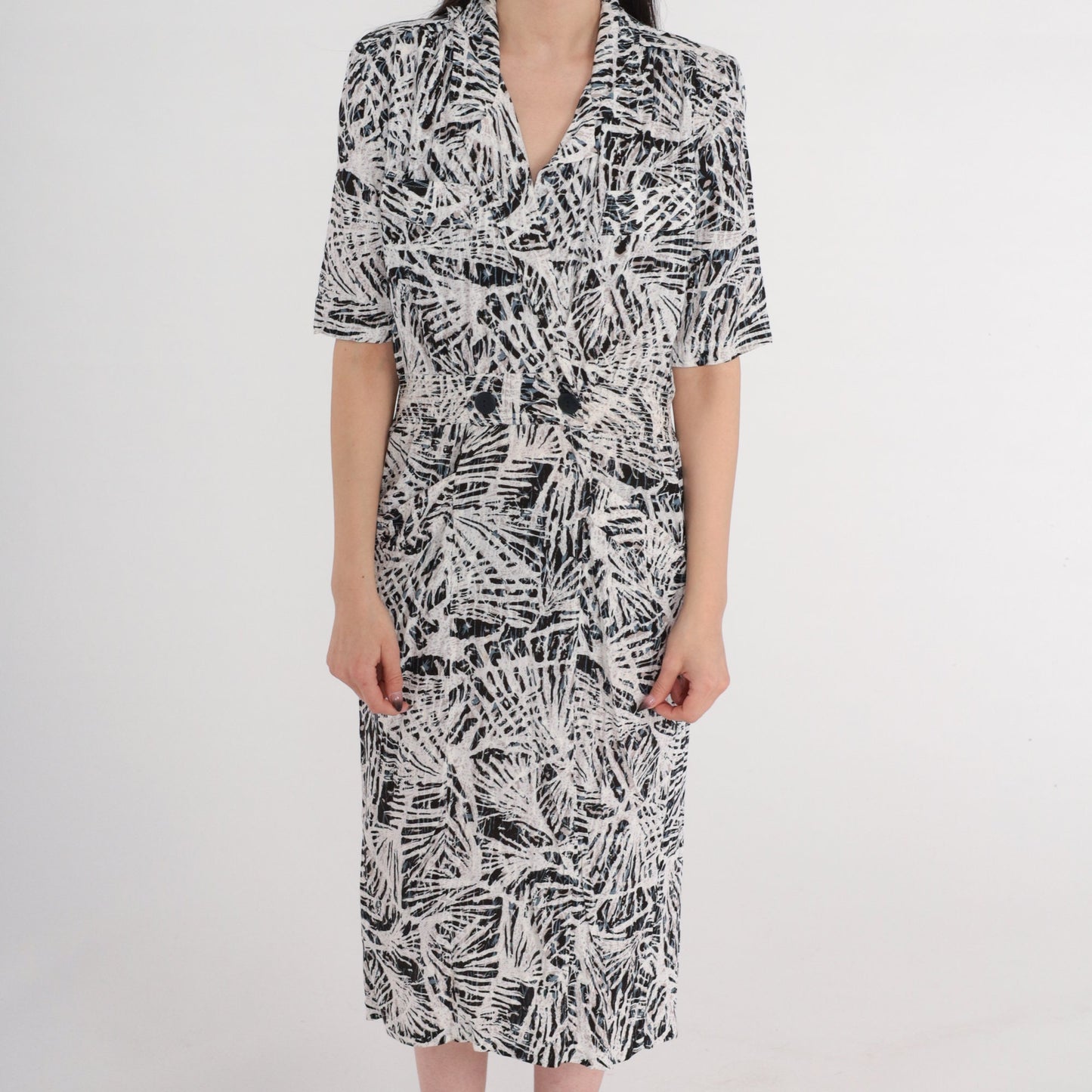 90s Abstract Print Midi Wrap Dress Collared V-Neck Pockets Small