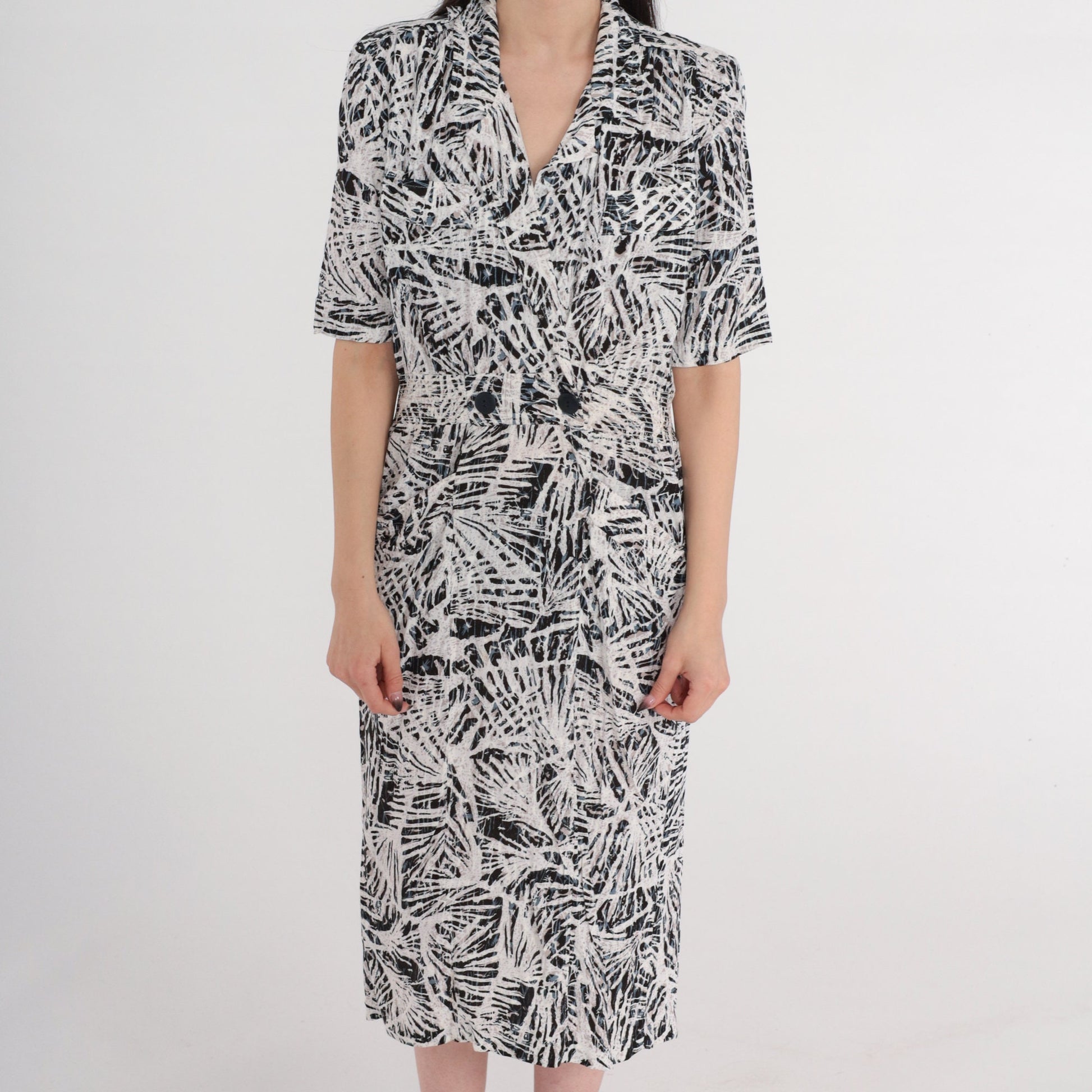 90s Abstract Print Midi Wrap Dress Collared V-Neck Pockets Small