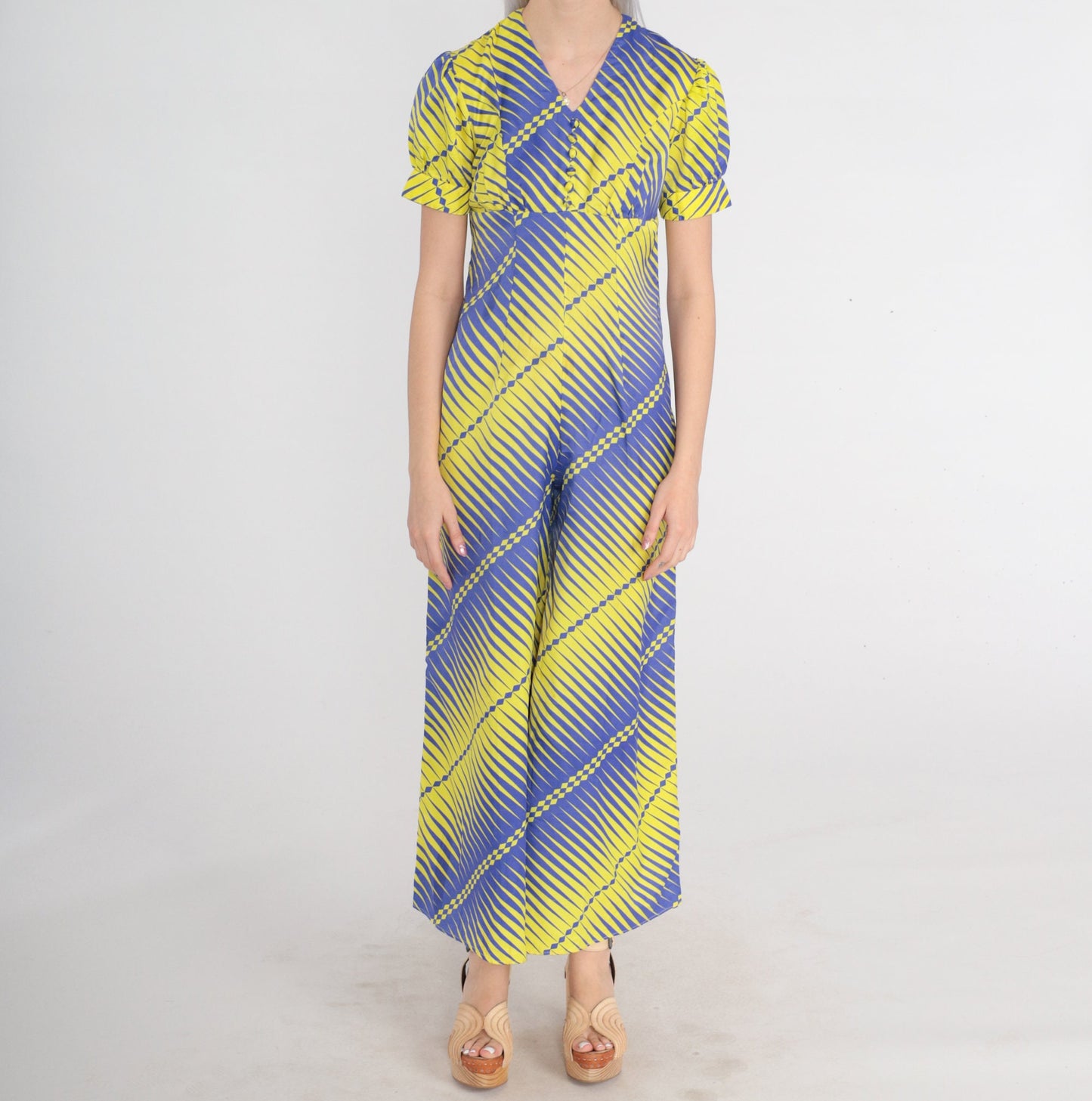 70s Jumpsuit Purple Yellow Striped Psychedelic Empire Waist Wide Leg Puff Sleeve XS