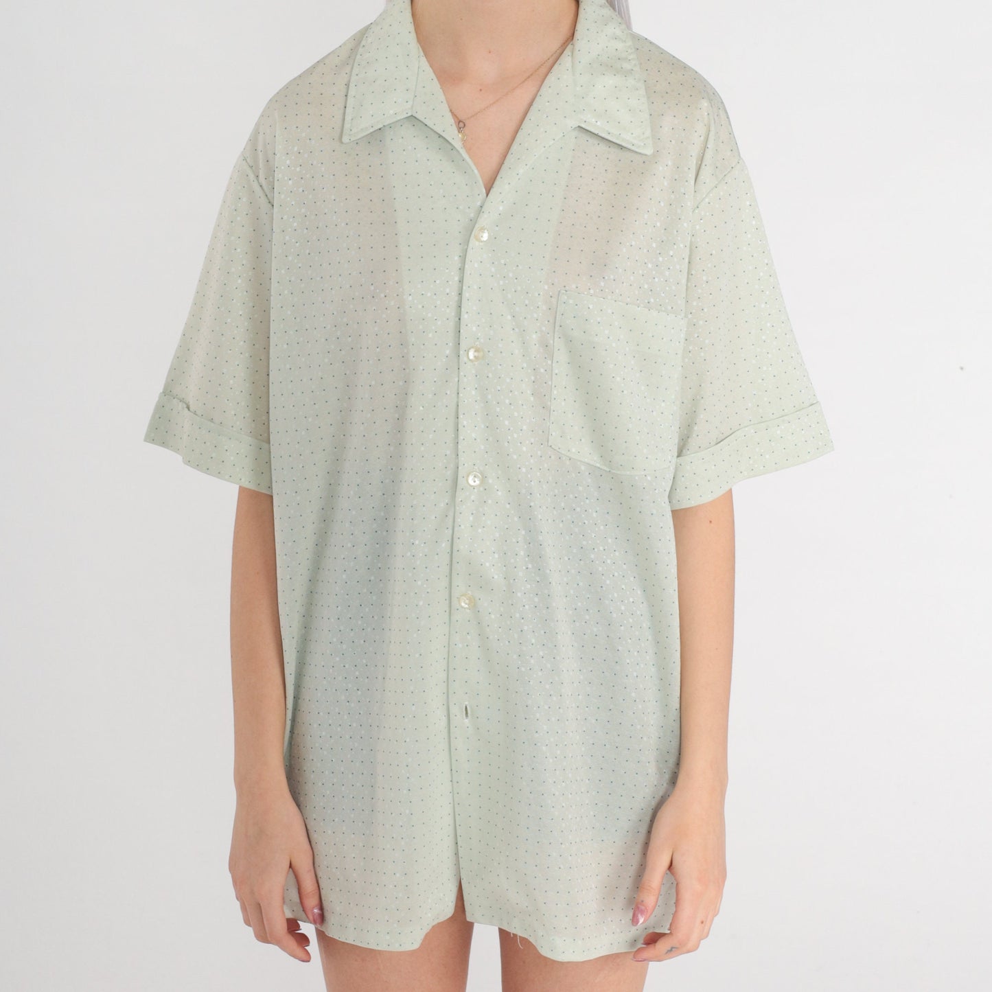 70s Pastel Green Polka Dot Button-Up Shirt Short Sleeve Collared Mens XL