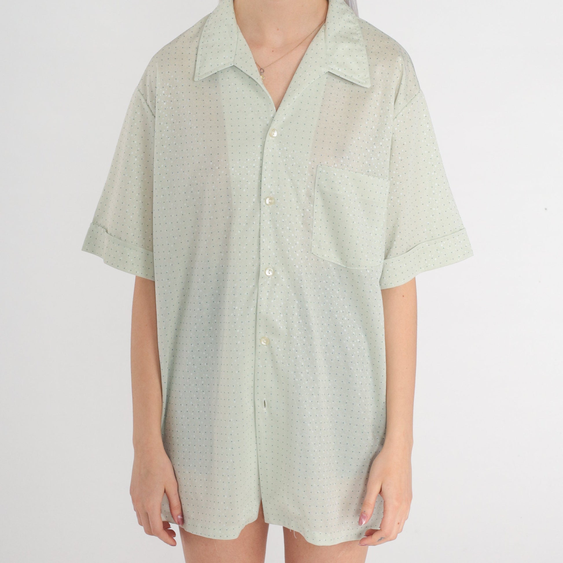 70s Pastel Green Polka Dot Button-Up Shirt Short Sleeve Collared Mens XL