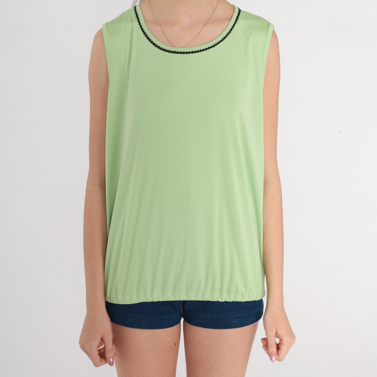 90s Green Tank Top Black Trim Sleeveless Shirt Large L