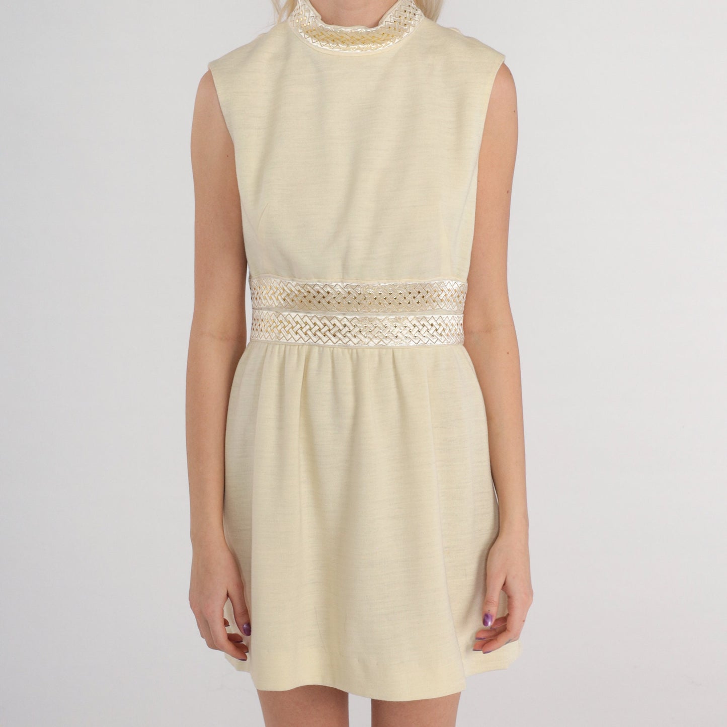 60s Cream Wool Blend Mod Mini Dress Metallic Trim Empire Waist Small S