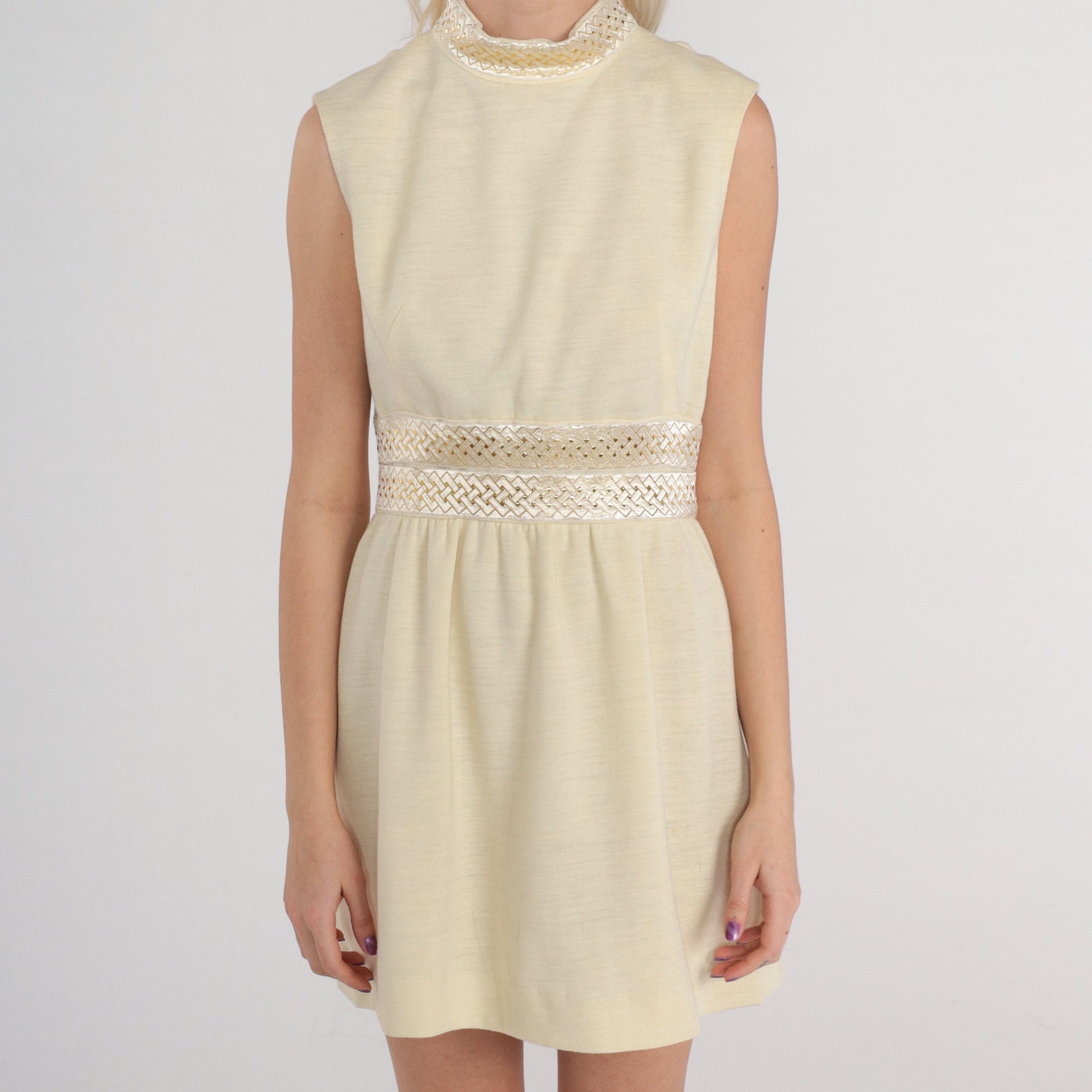 60s Cream Wool Blend Mod Mini Dress Metallic Trim Empire Waist Small S