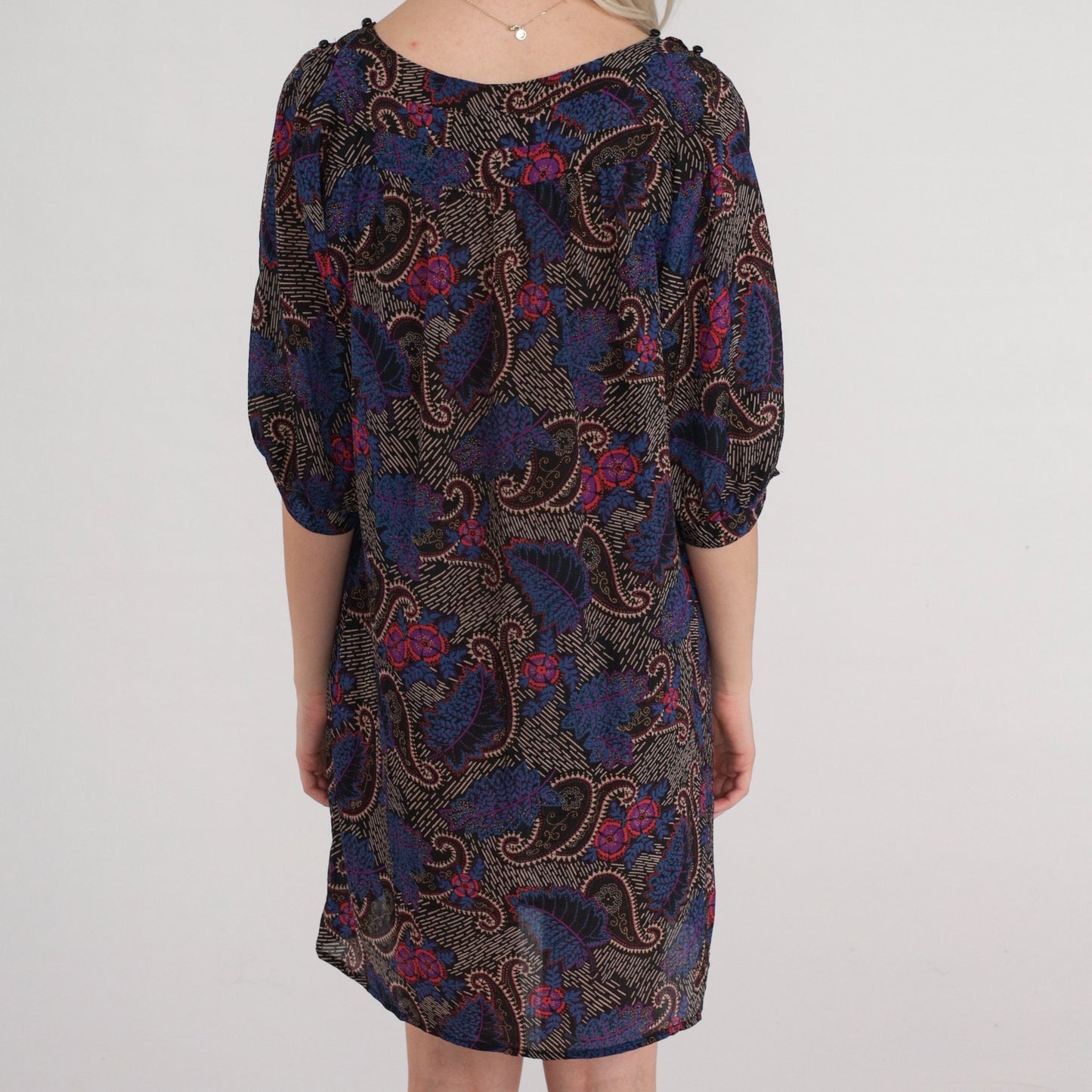 70s I Magnin Paisley Floral Mini Dress Black Half Sleeve Tent Cut Medium