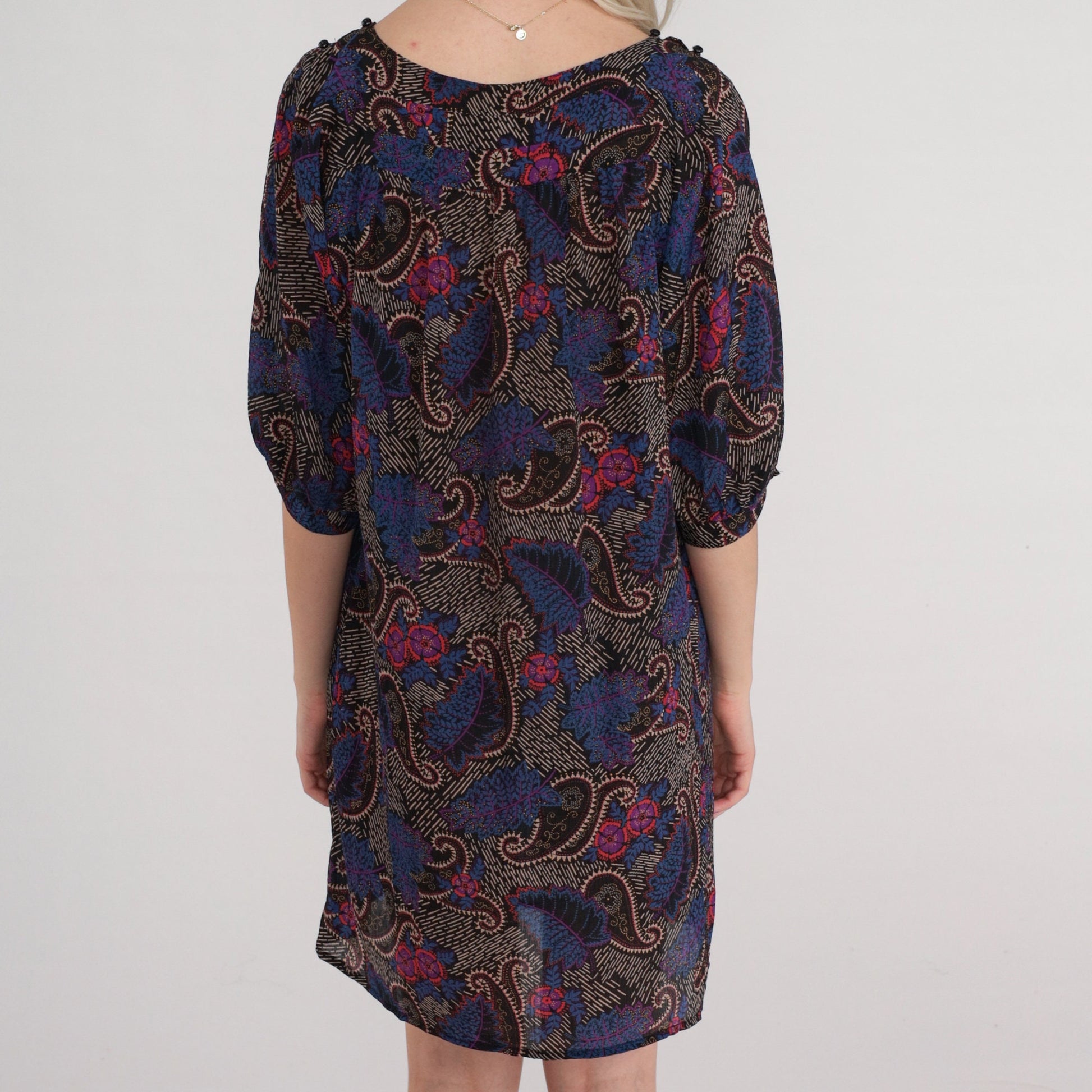 70s I Magnin Paisley Floral Mini Dress Black Half Sleeve Tent Cut Medium