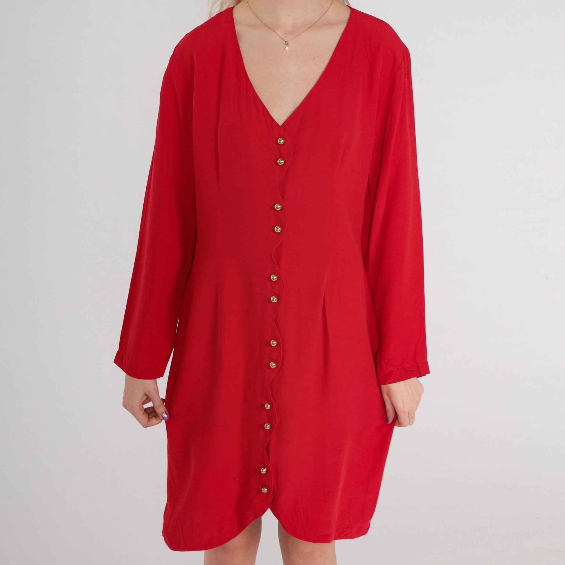 80s Red Button-Up Mini Dress Long Sleeve Sheath Pencil Cut Medium