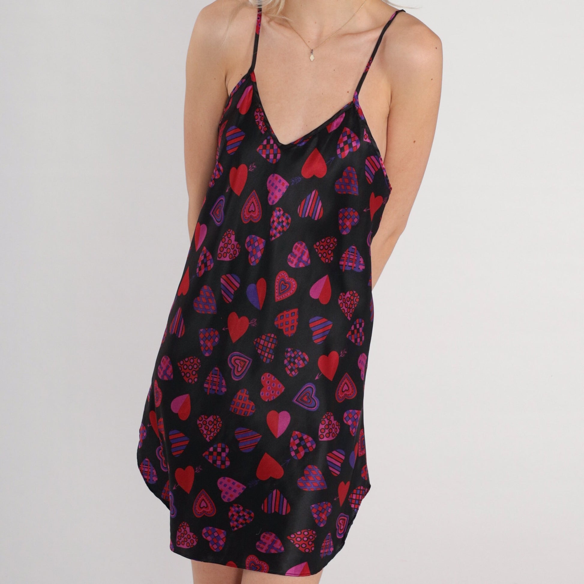 00s Heart Print Black Slip Dress Mini Spaghetti Strap Side Slit Small