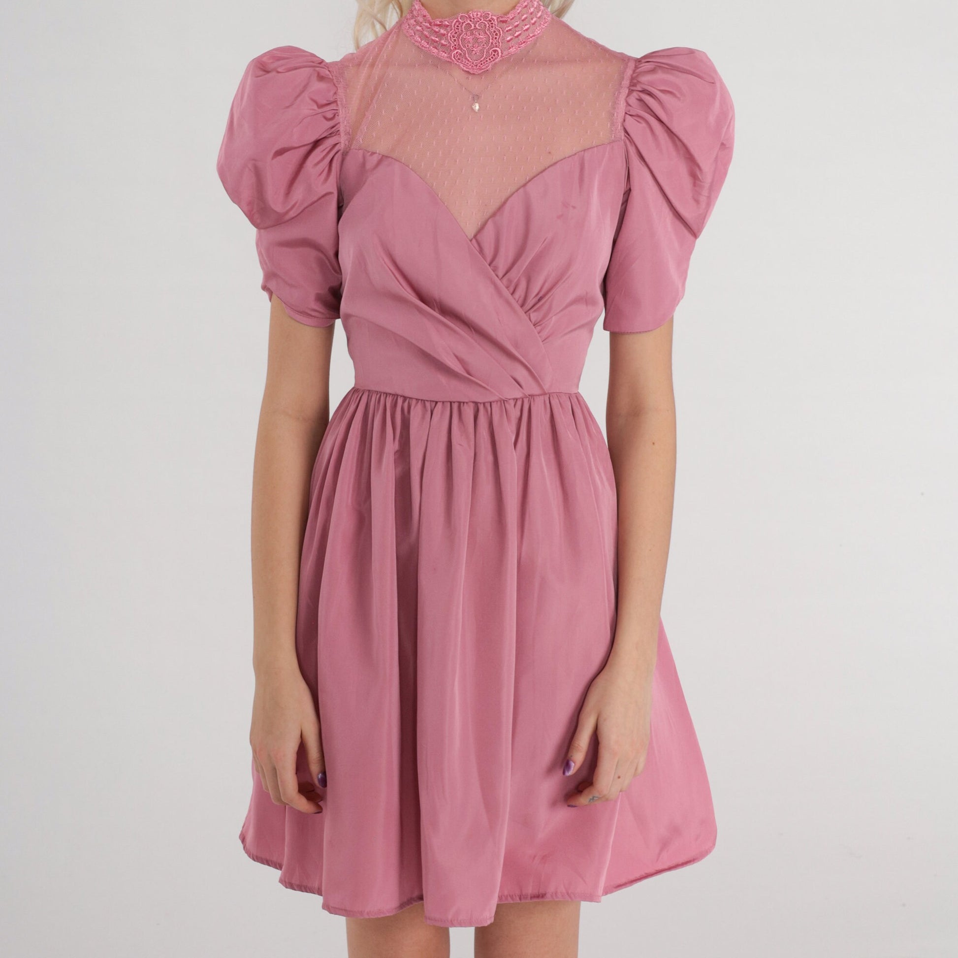 70s Pink Mini Dress Puff Sleeve Sweetheart Neckline Lace Illusion XXS