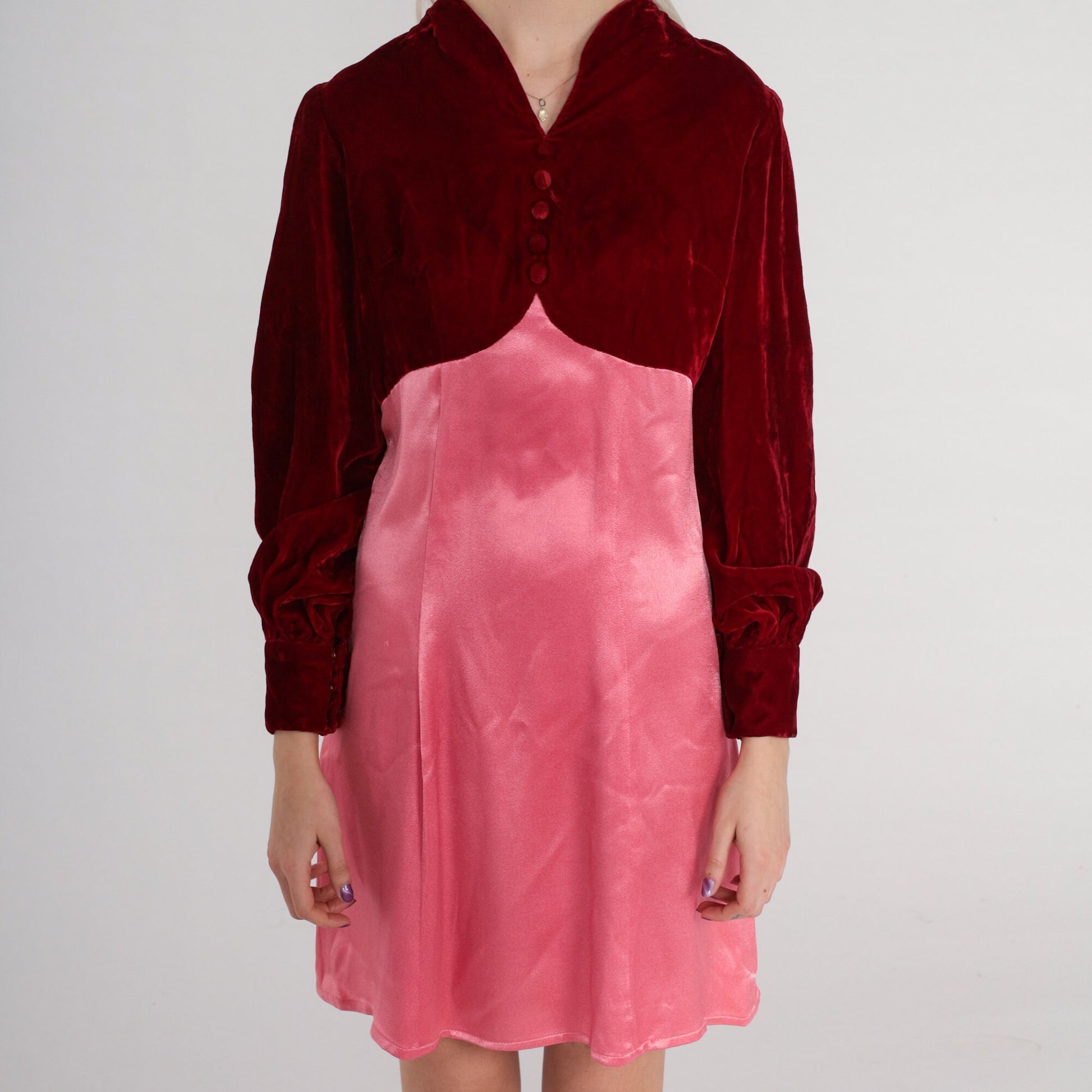70s Velvet Babydoll Mini Dress Red Pink Empire Waist Long Sleeve Small