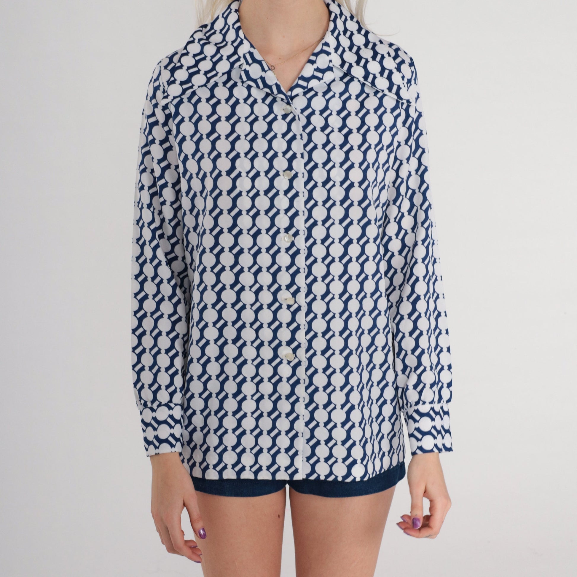 70s Geometric Dot Print Button-Up Blouse Wing Collar White Blue Medium