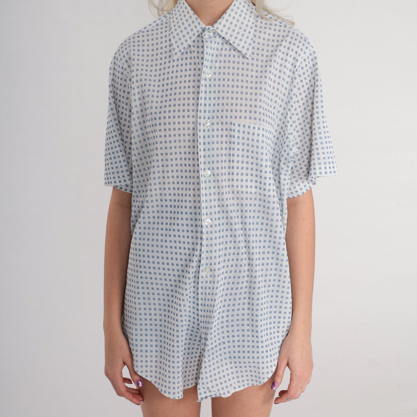 70s Arrow Button-Up Shirt White Blue Square Print Short Sleeve Pointed Collar Large